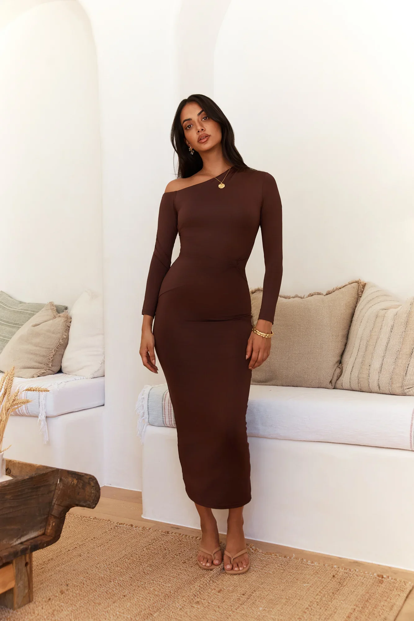Winter Goddess Off Shoulder Long Sleeve Maxi Dress Brown - luluinthesky
