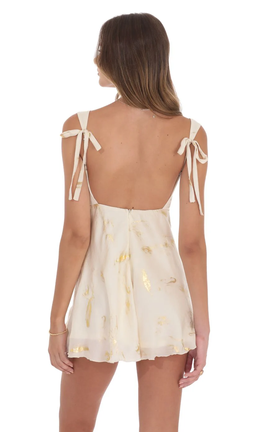 Gold Foil Open Back Dress in Cream - luluinthesky