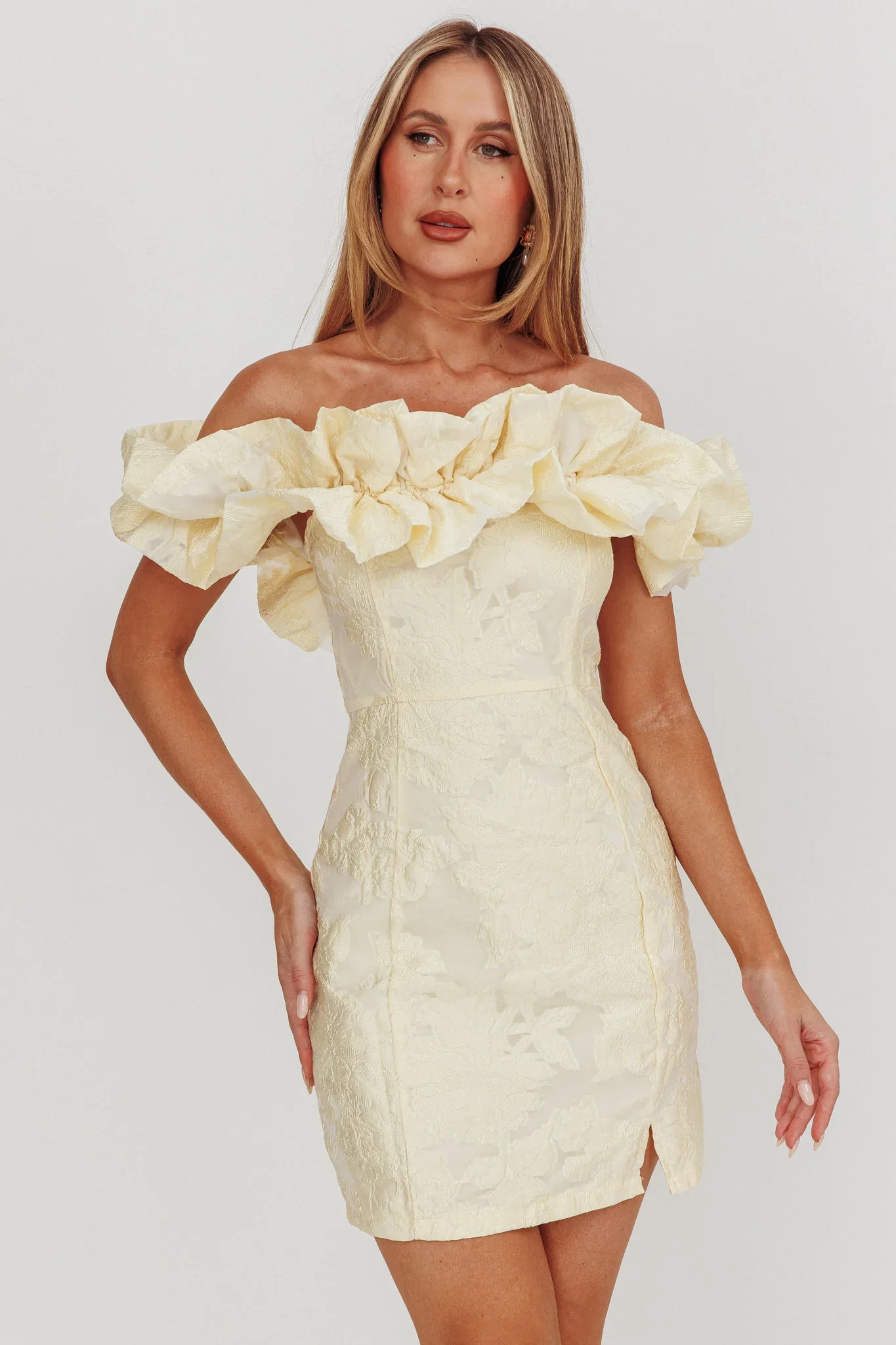 Memoire Off-Shoulder Jacquard Mini Dress Lemon - luluinthesky