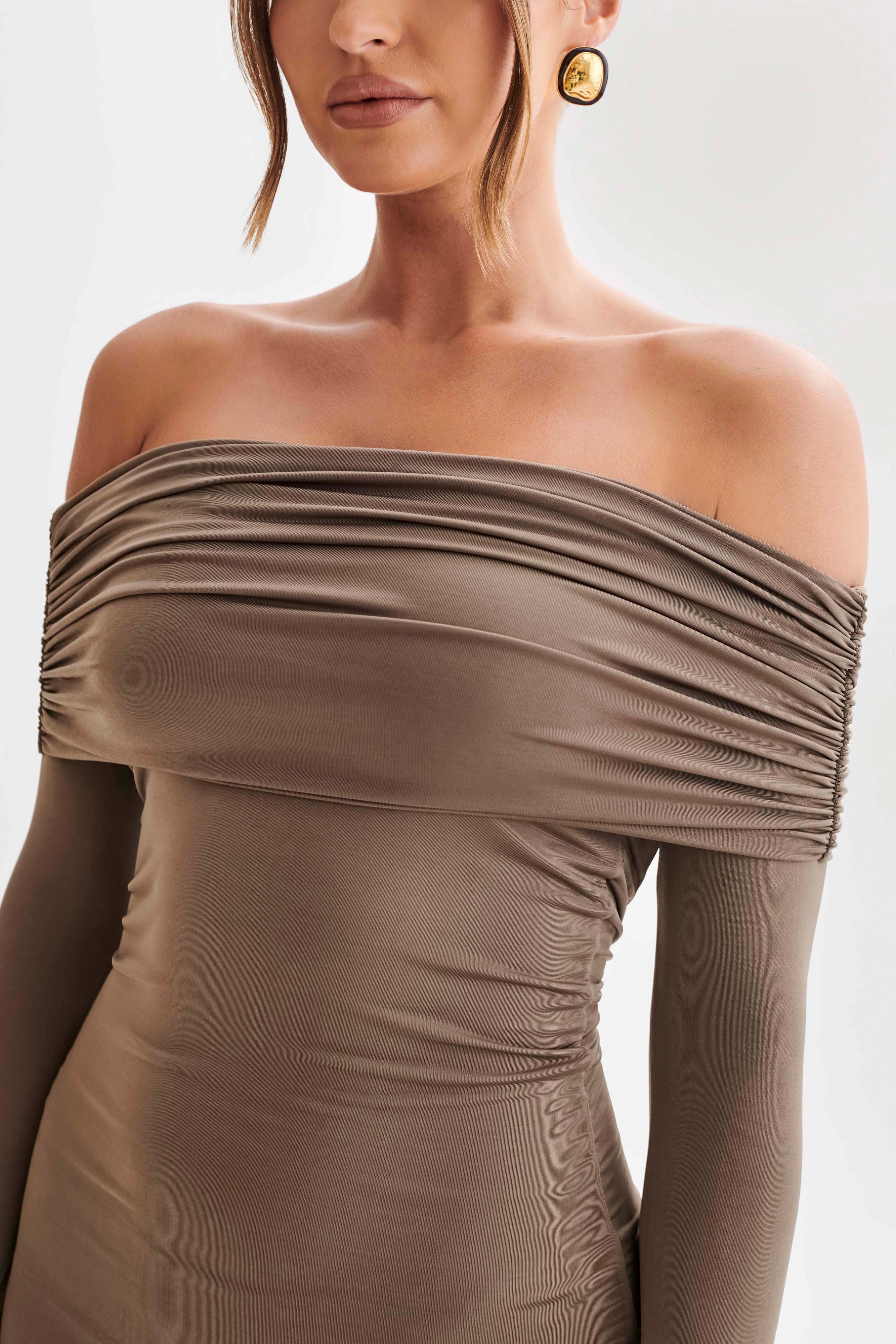 Nicky Off Shoulder Slinky Mini Dress - Coco - luluinthesky