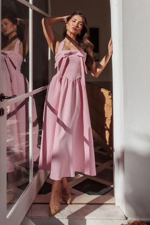 Ariarna Bow Halter Maxi Dress Pink Sorbet - luluinthesky
