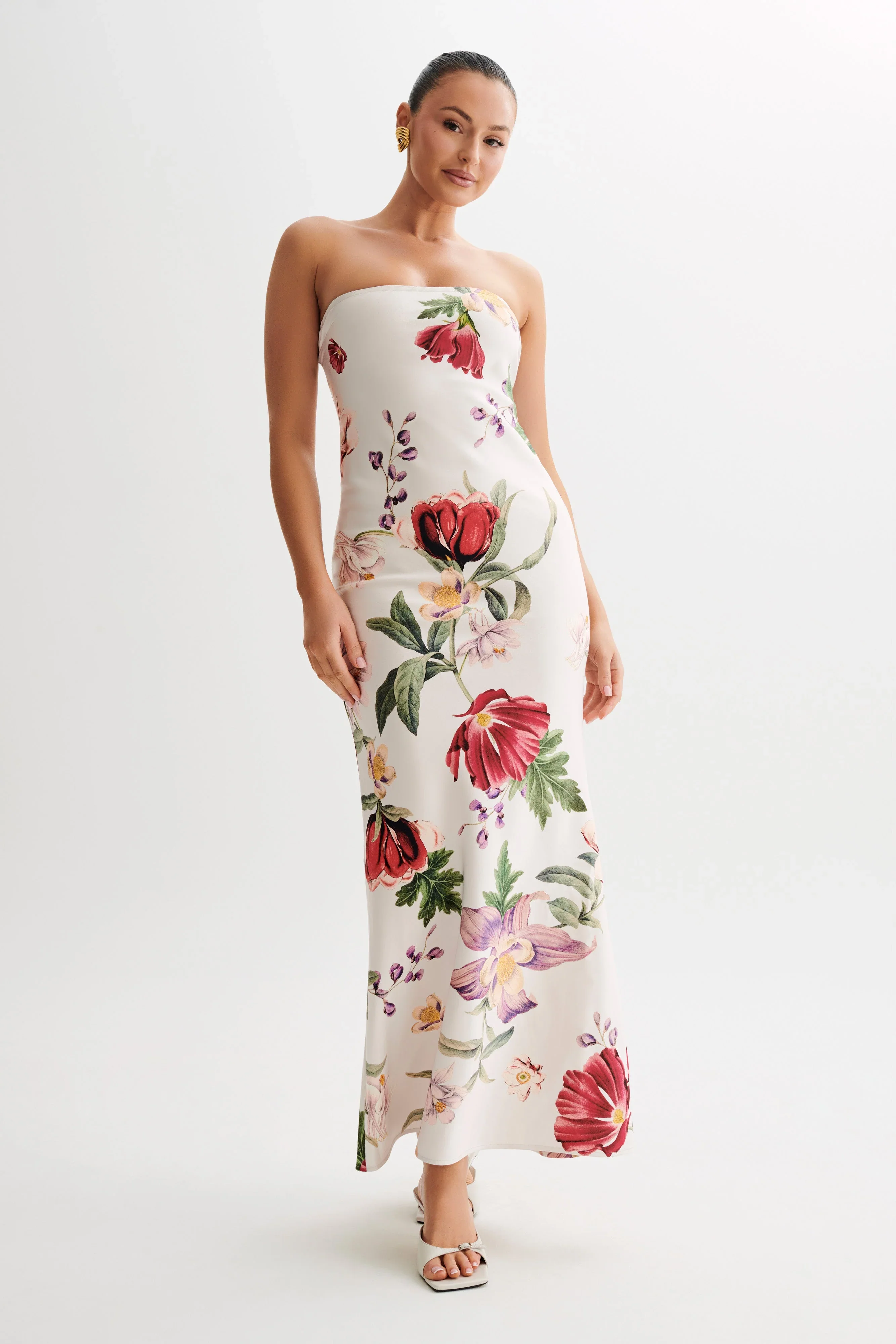Claudette Strapless Satin Maxi Dress - Bella Rosa Print - luluinthesky