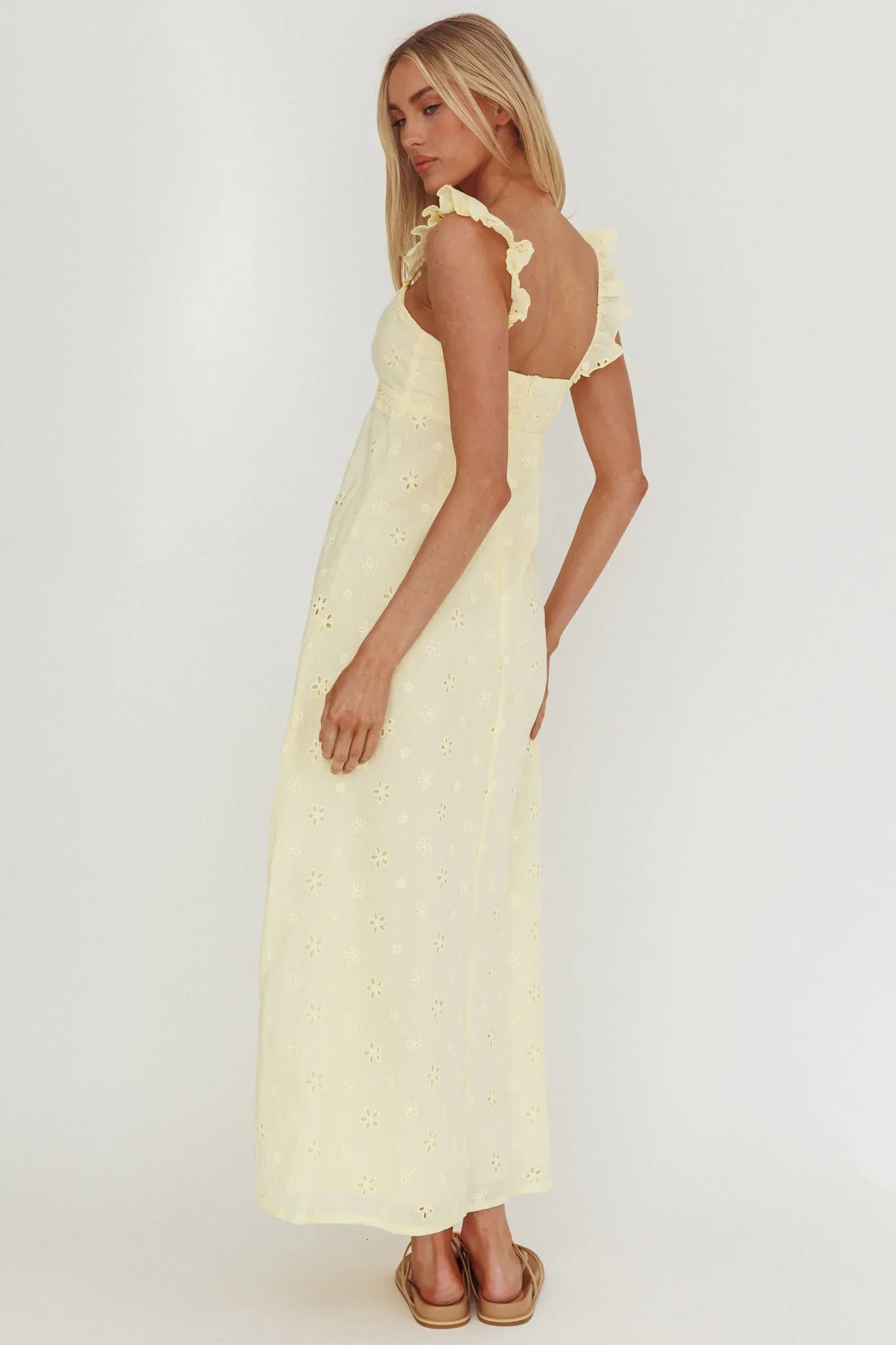 Zimmer Eyelet Frill Strap Maxi Dress Butter - luluinthesky