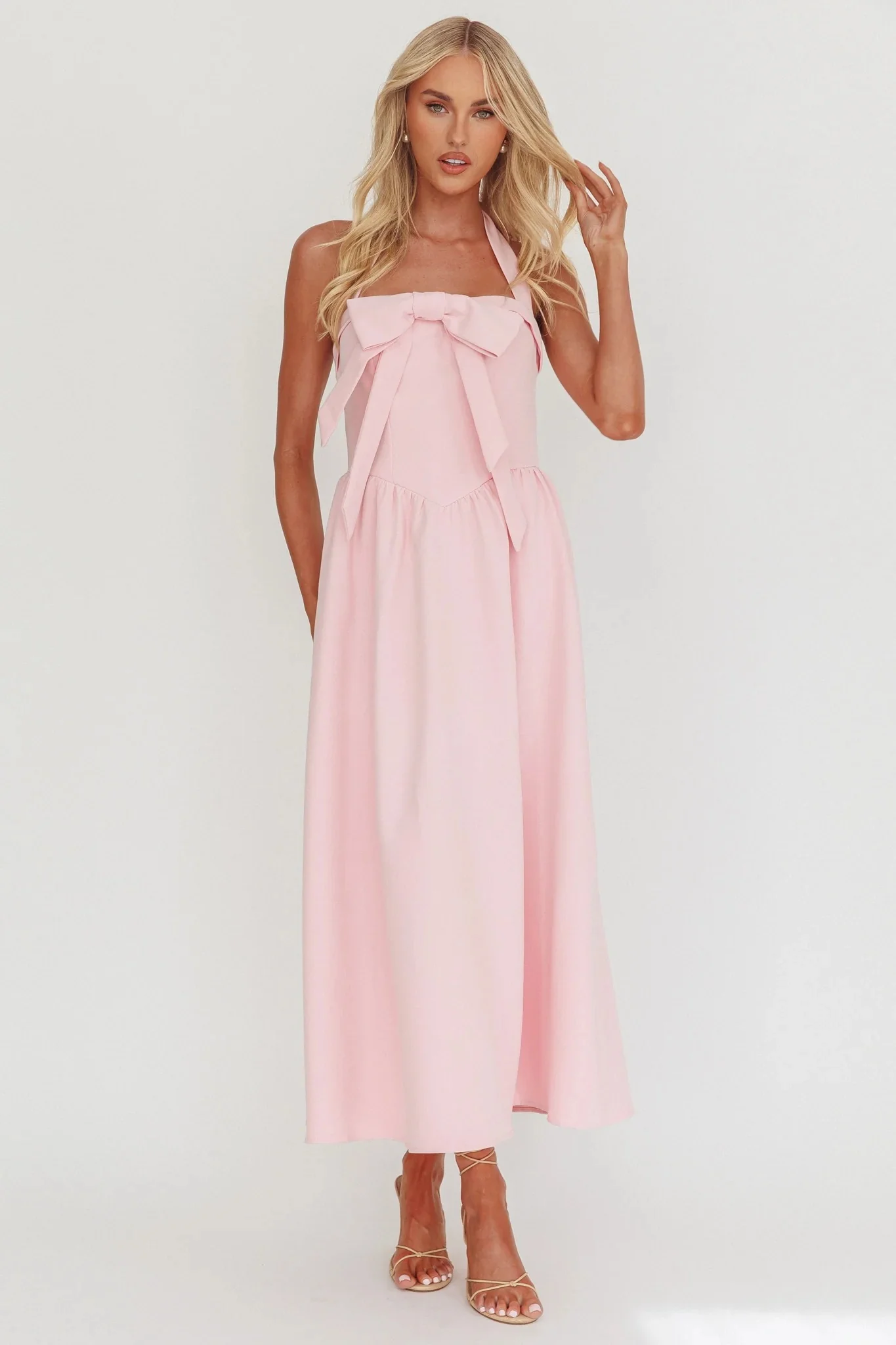 Ariarna Bow Halter Maxi Dress Pink Sorbet - luluinthesky