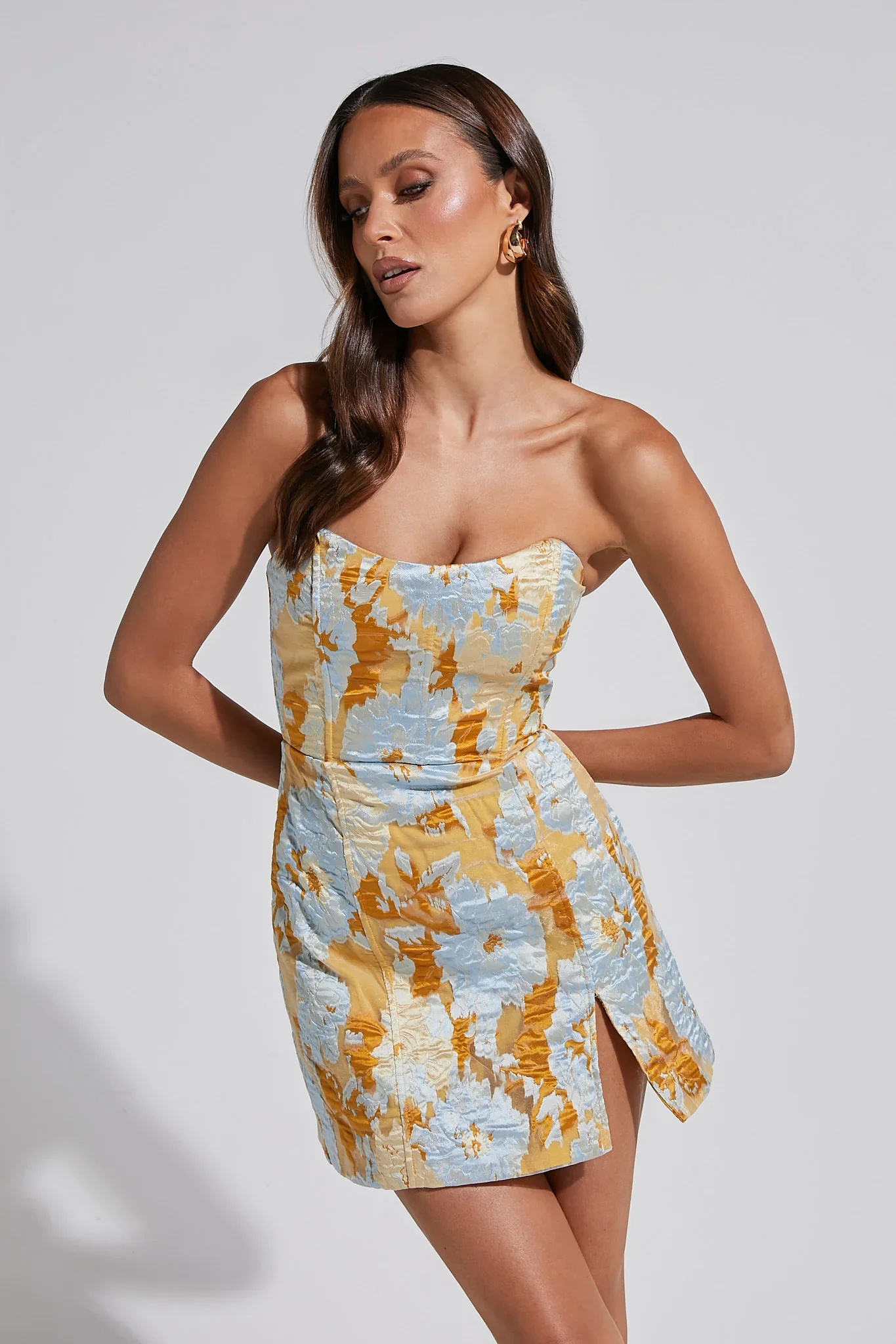 Brailey Mini Dress Strapless Dress in Blue Jacquard - luluinthesky