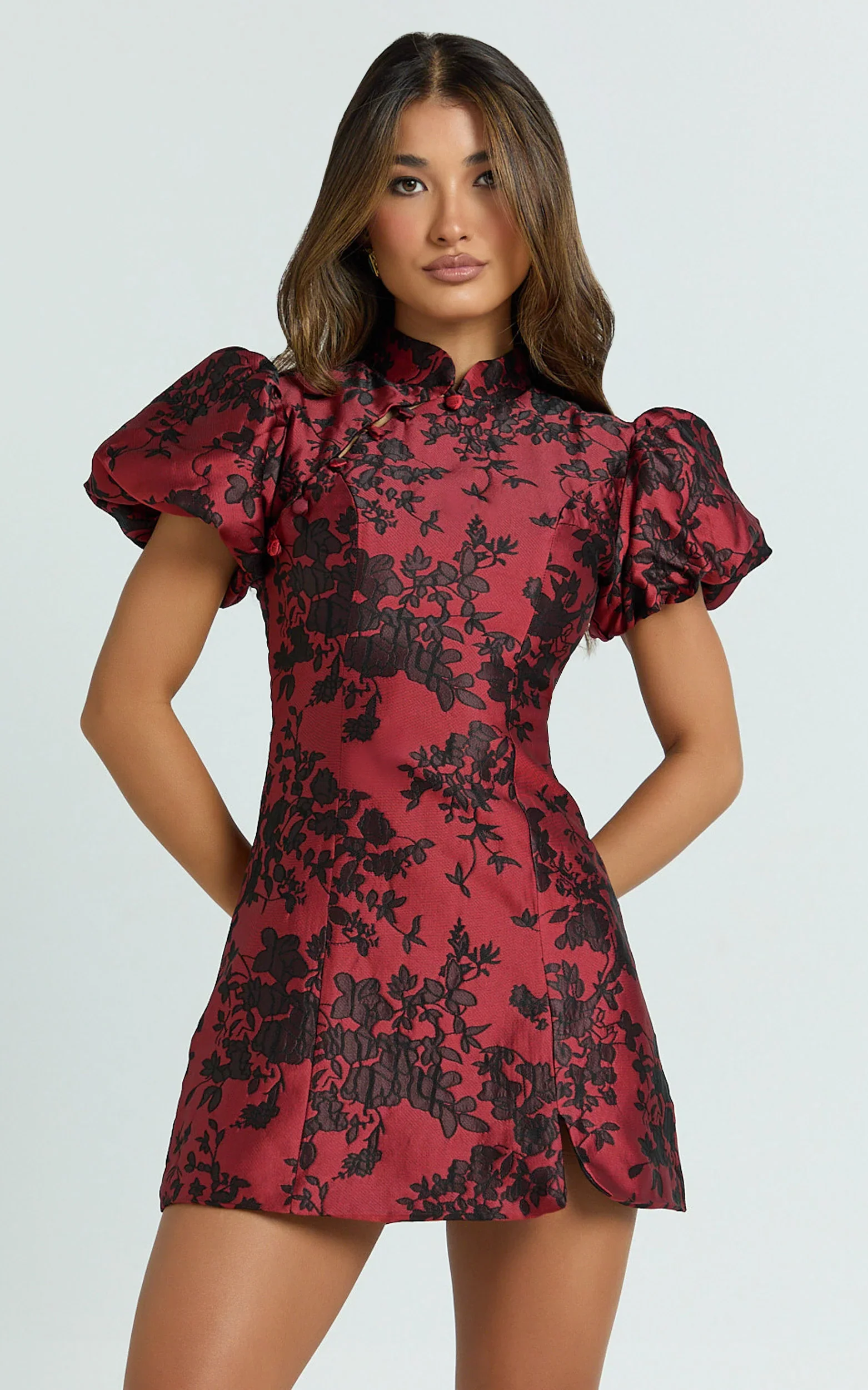 Mackay Mini Dress Jacquard High Neck Puff Sleeve Dress in Red - luluinthesky
