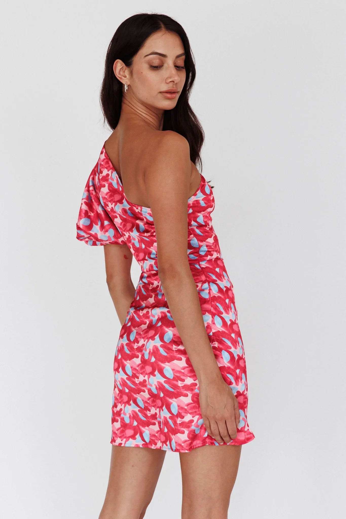Krishna One-Shoulder Puff Sleeve Mini Dress Pink - luluinthesky