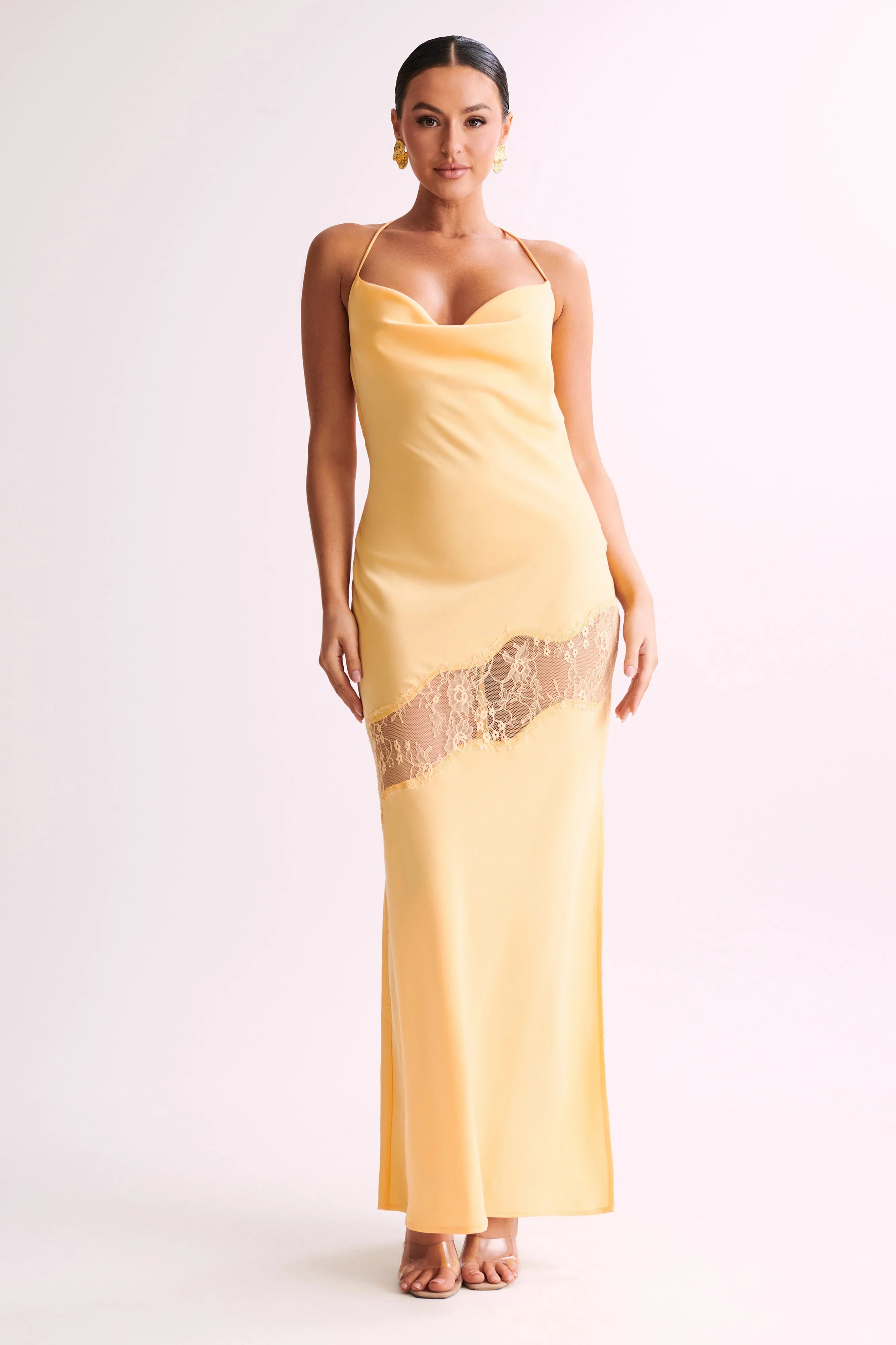 Chandra Lace Detail Satin Maxi Dress - Lemon - luluinthesky