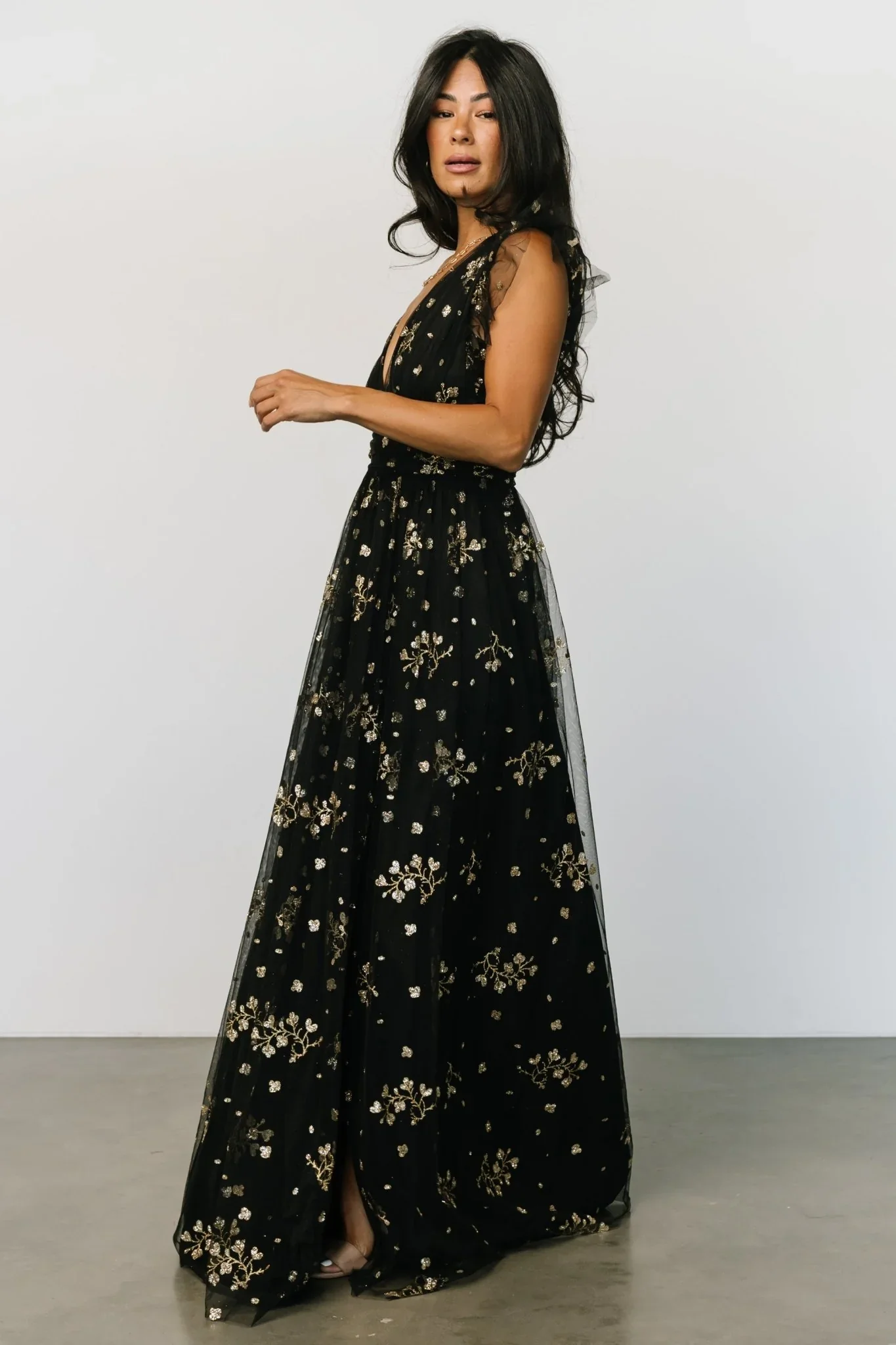 Natalia Floral Embellished Maxi Dress | Black + Gold - luluinthesky