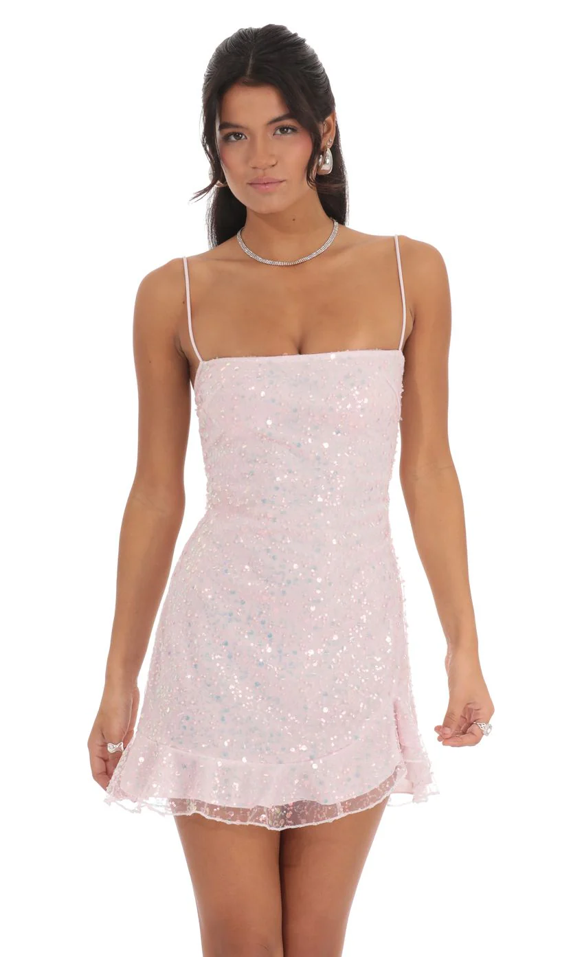 Sequin Ruffle Dress in Pale pale Pink - luluinthesky