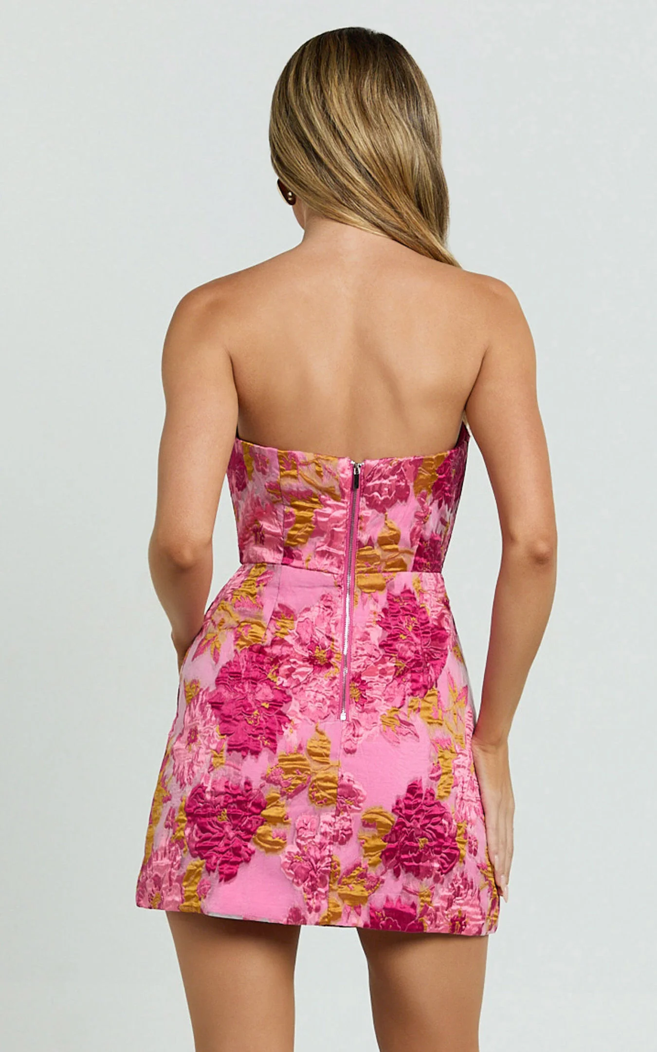 Brailey Mini Dress - Strapless Dress in Pink Jacquard - luluinthesky