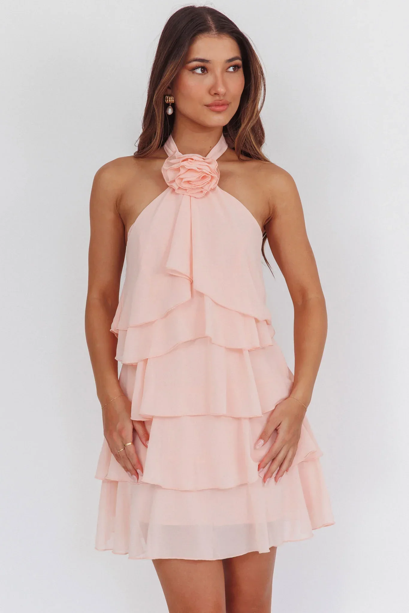 Southern Belles Halterneck Ruffle Mini Dress Pink - luluinthesky