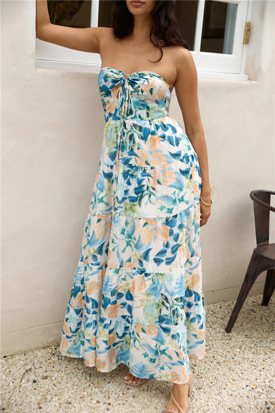 Rainforest Oasis Strapless Maxi Dress Blue - luluinthesky