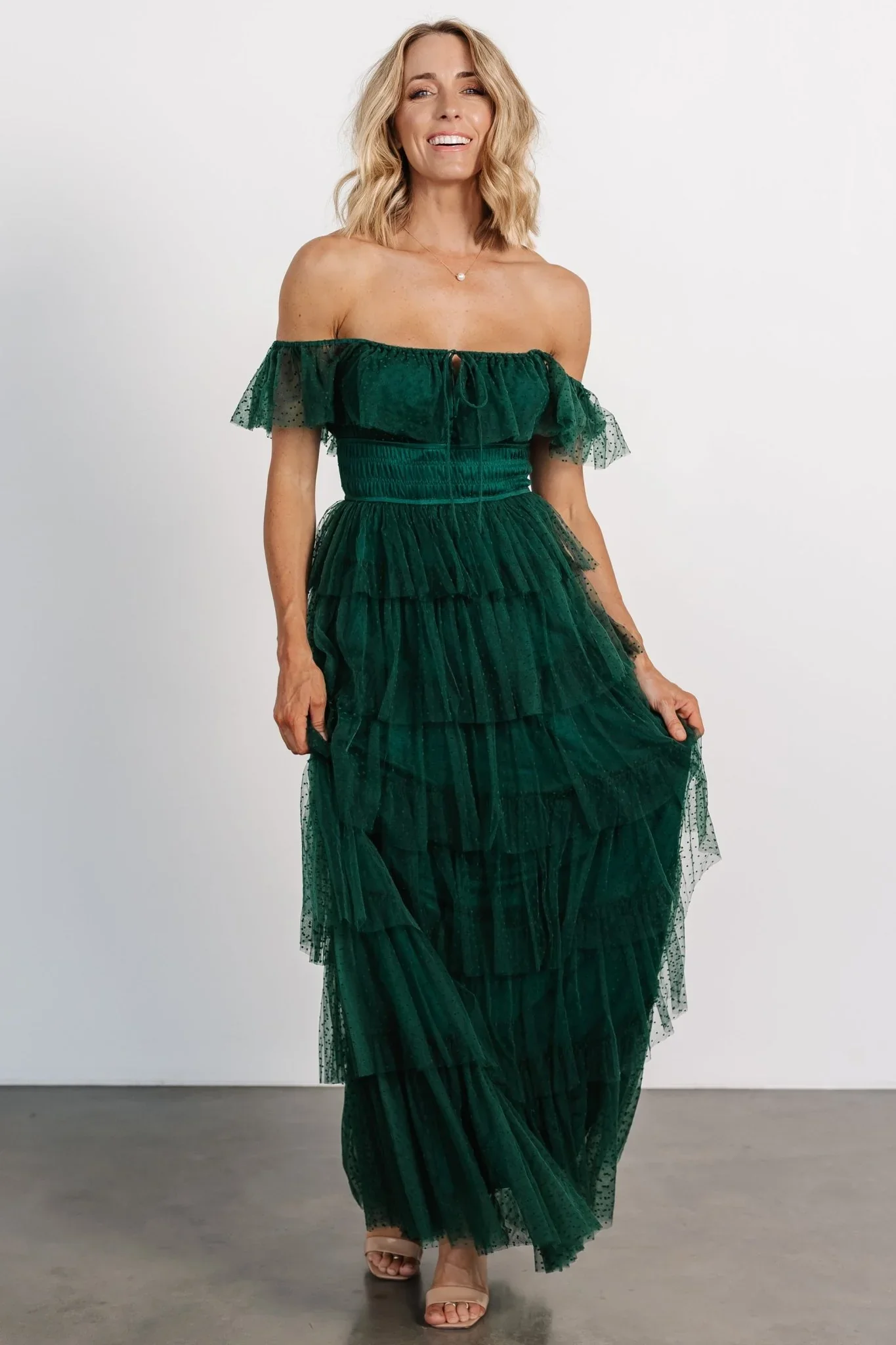 Valora Swiss Dot Tulle Maxi Dress | Dark Green - luluinthesky