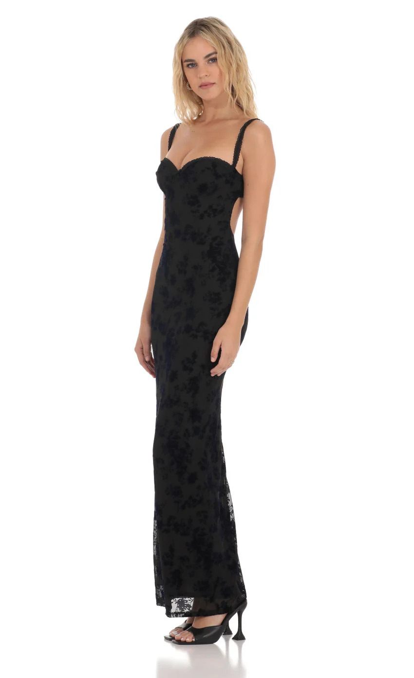 Mesh Velvet Floral Maxi Dress in Black - luluinthesky