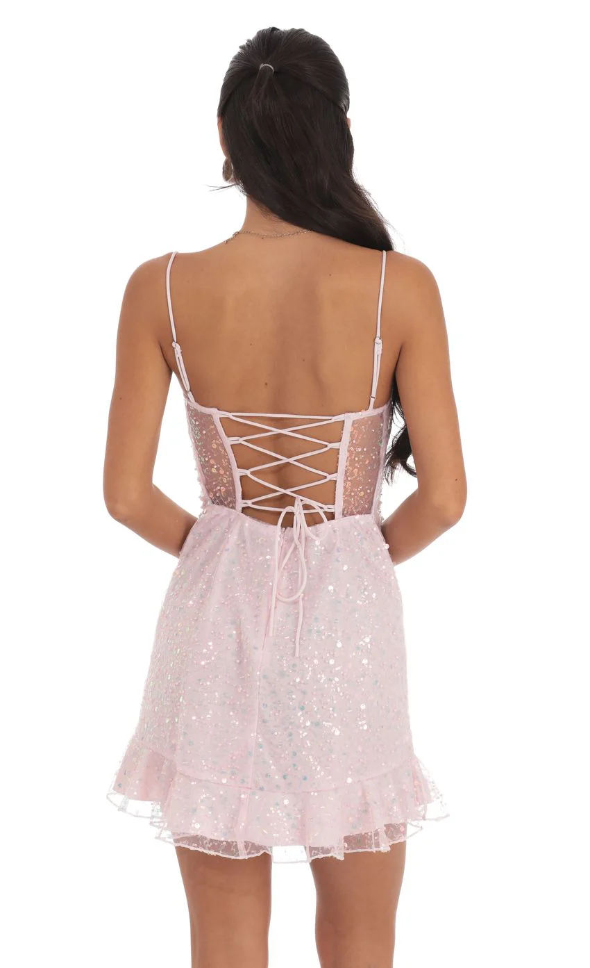 Sequin Ruffle Dress in Pale pale Pink - luluinthesky