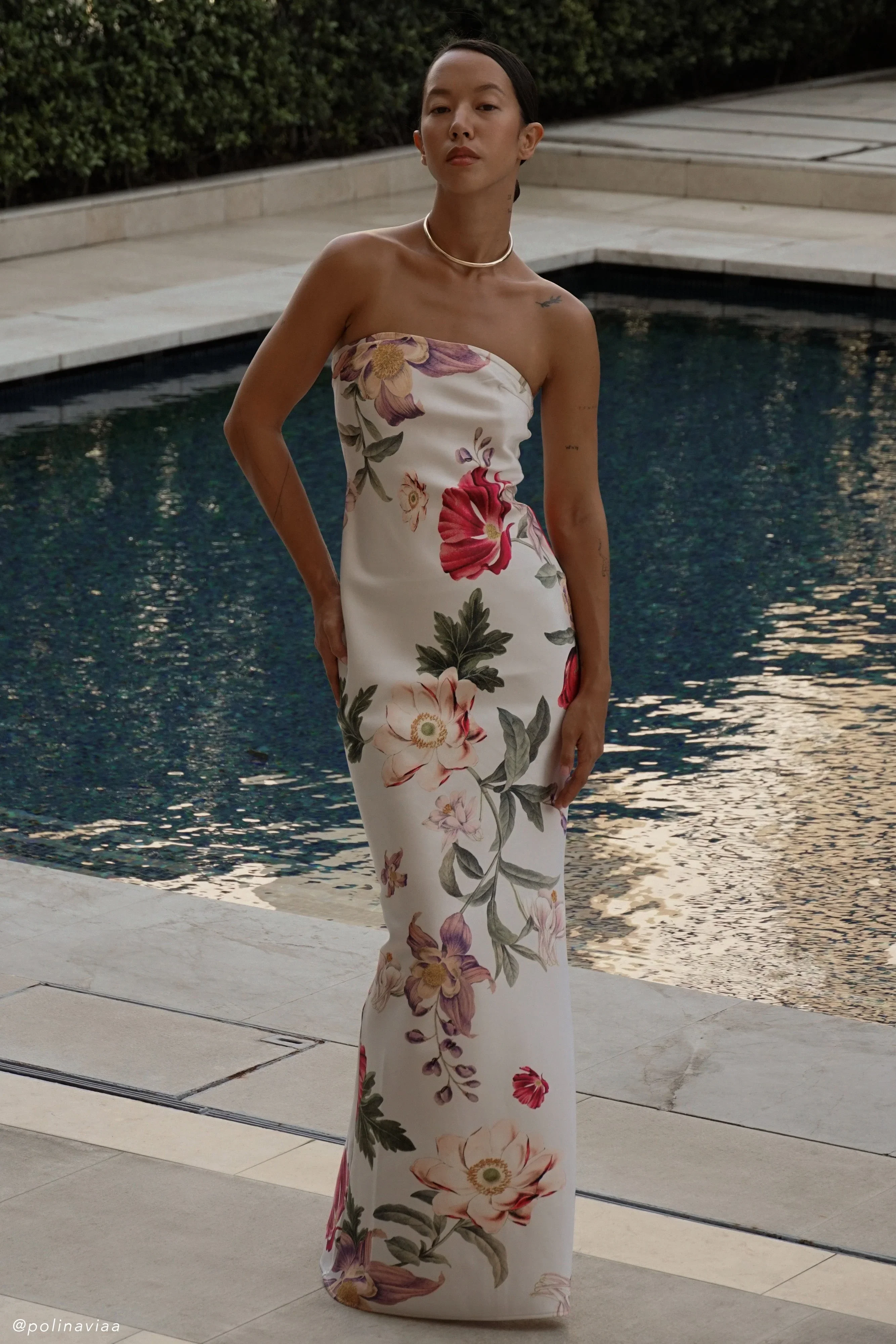 Claudette Strapless Satin Maxi Dress - Bella Rosa Print - luluinthesky