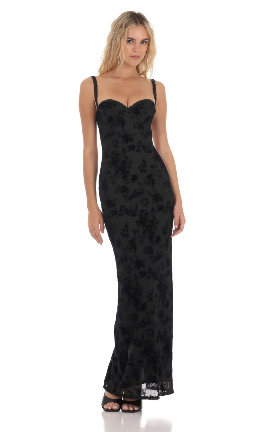 Mesh Velvet Floral Maxi Dress in Black - luluinthesky