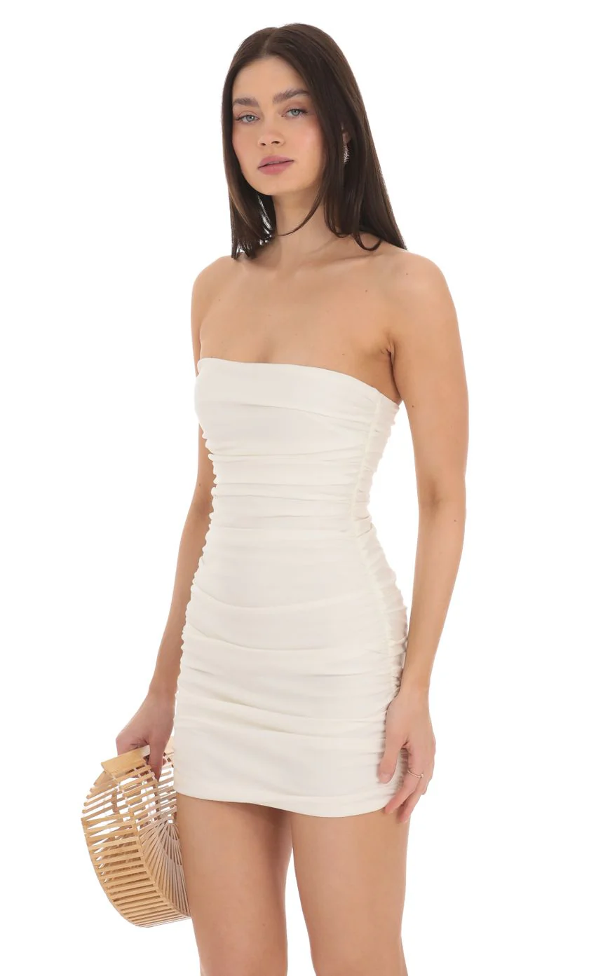 Strapless Ruched Bodycon Dress in Ivory - luluinthesky