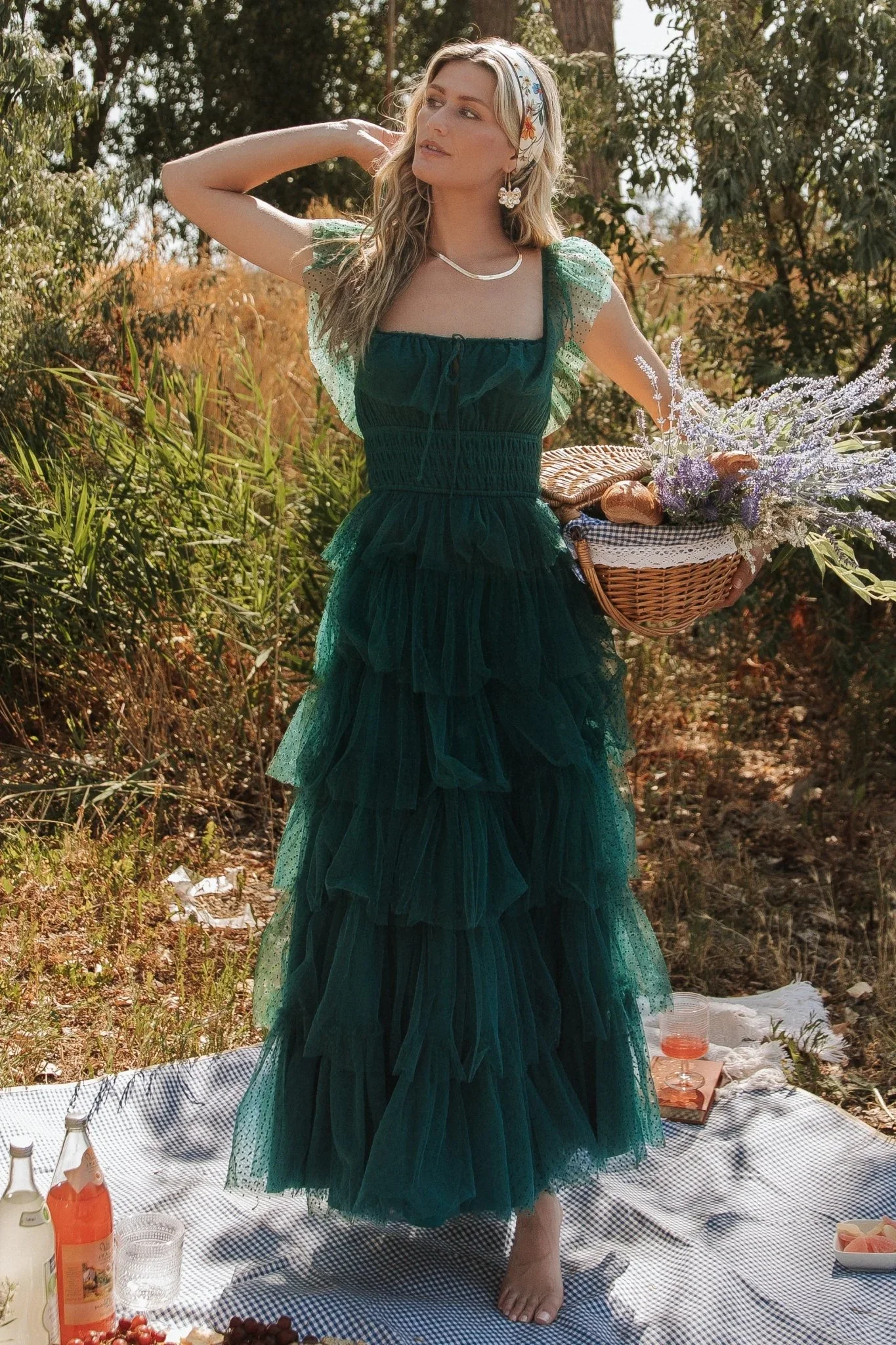 Valora Swiss Dot Tulle Maxi Dress | Dark Green - luluinthesky