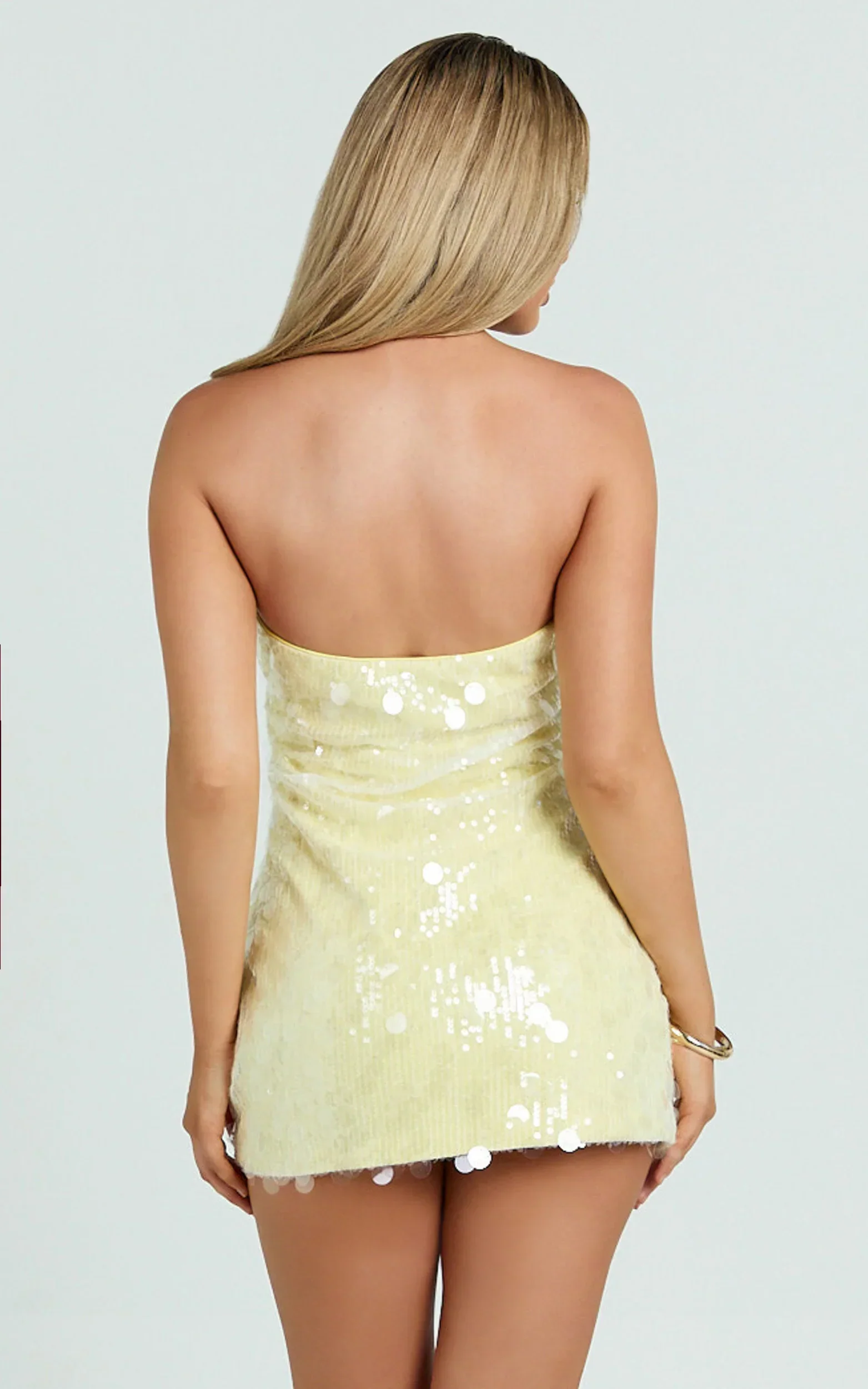 Rhonda Mini Dress Strapless Sequin Dress in Lemon - luluinthesky