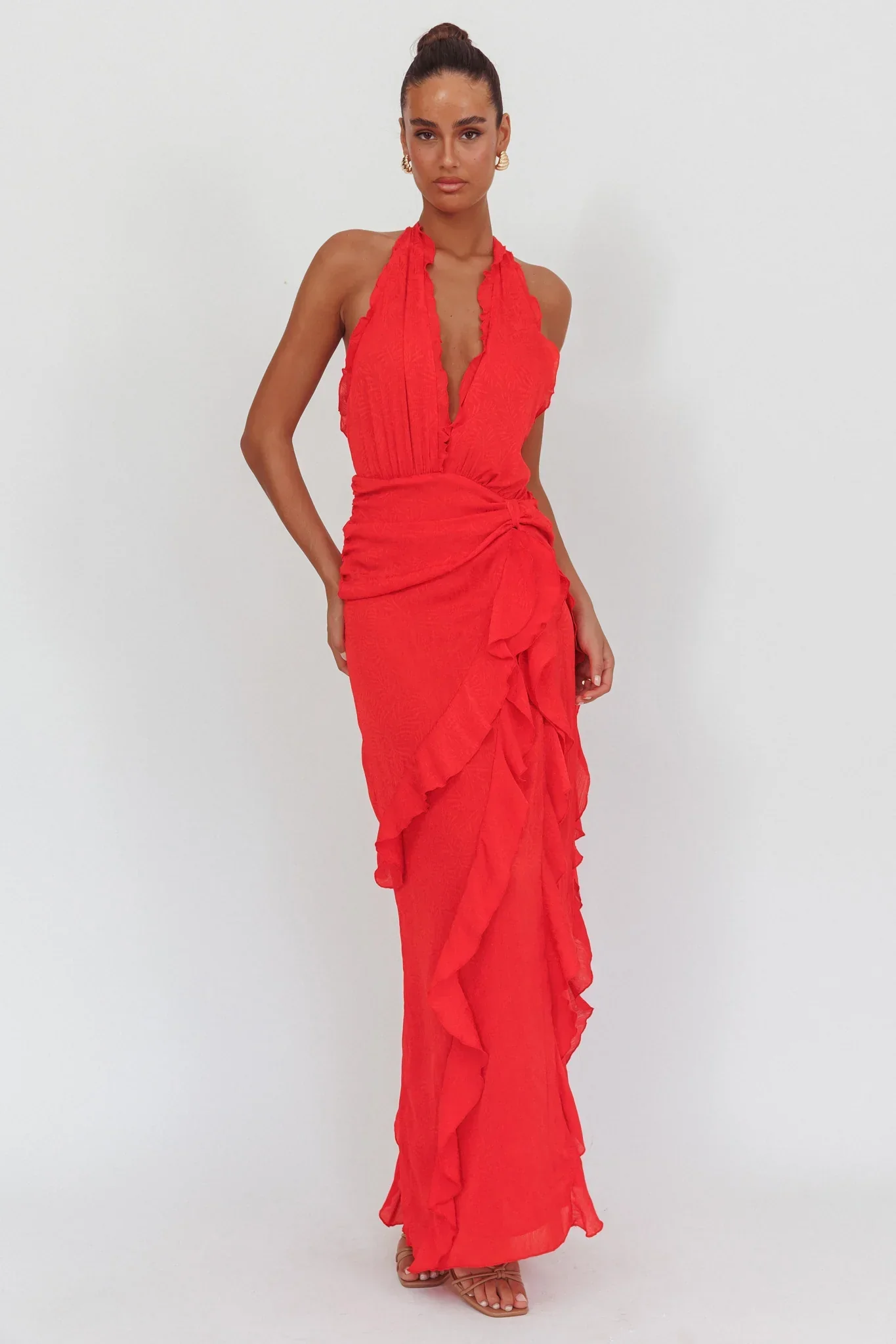 Libre Plunging Halter Ruffle Maxi Dress Red - luluinthesky