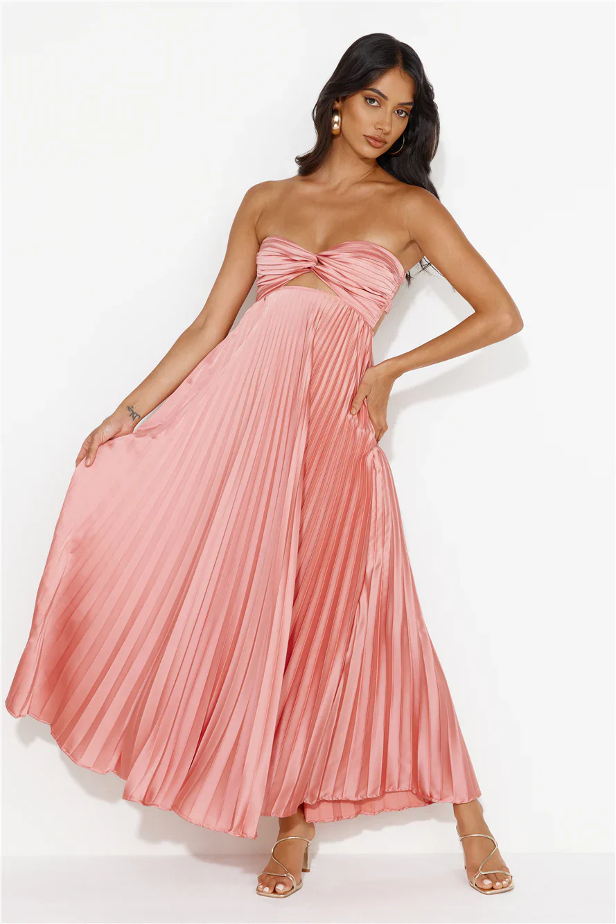 Clouds Of Love Strapless Pleated Maxi Dress Pink - luluinthesky