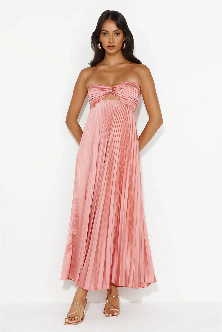 Clouds Of Love Strapless Pleated Maxi Dress Pink - luluinthesky