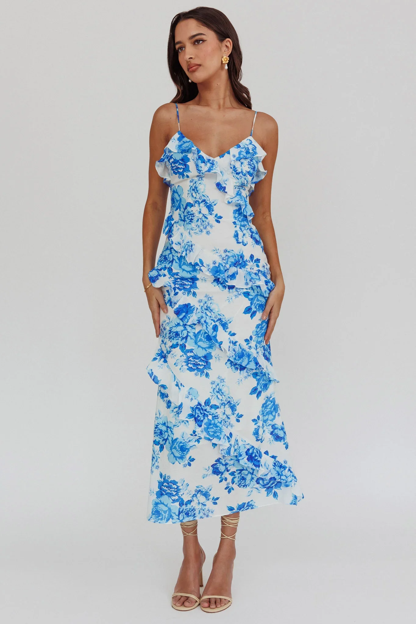 Silvana Frill Trim Maxi Dress Floral Blue - luluinthesky