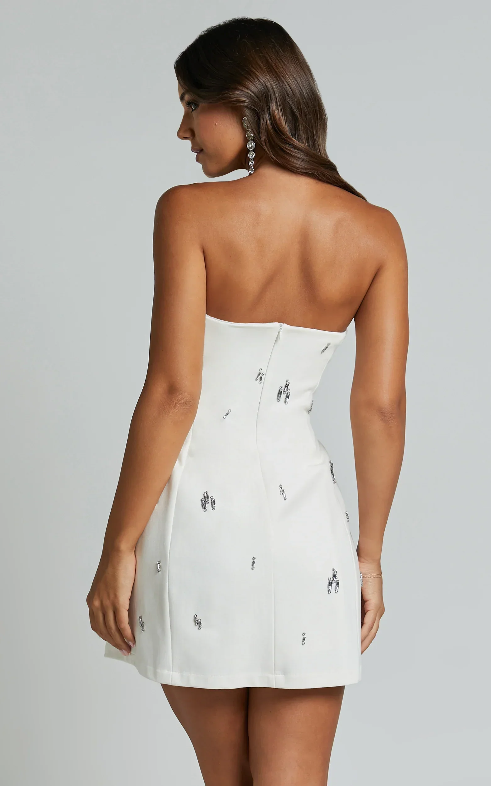 Anziel Mini Dress Strapless Structured Cluster Embellishment Dress in White - luluinthesky