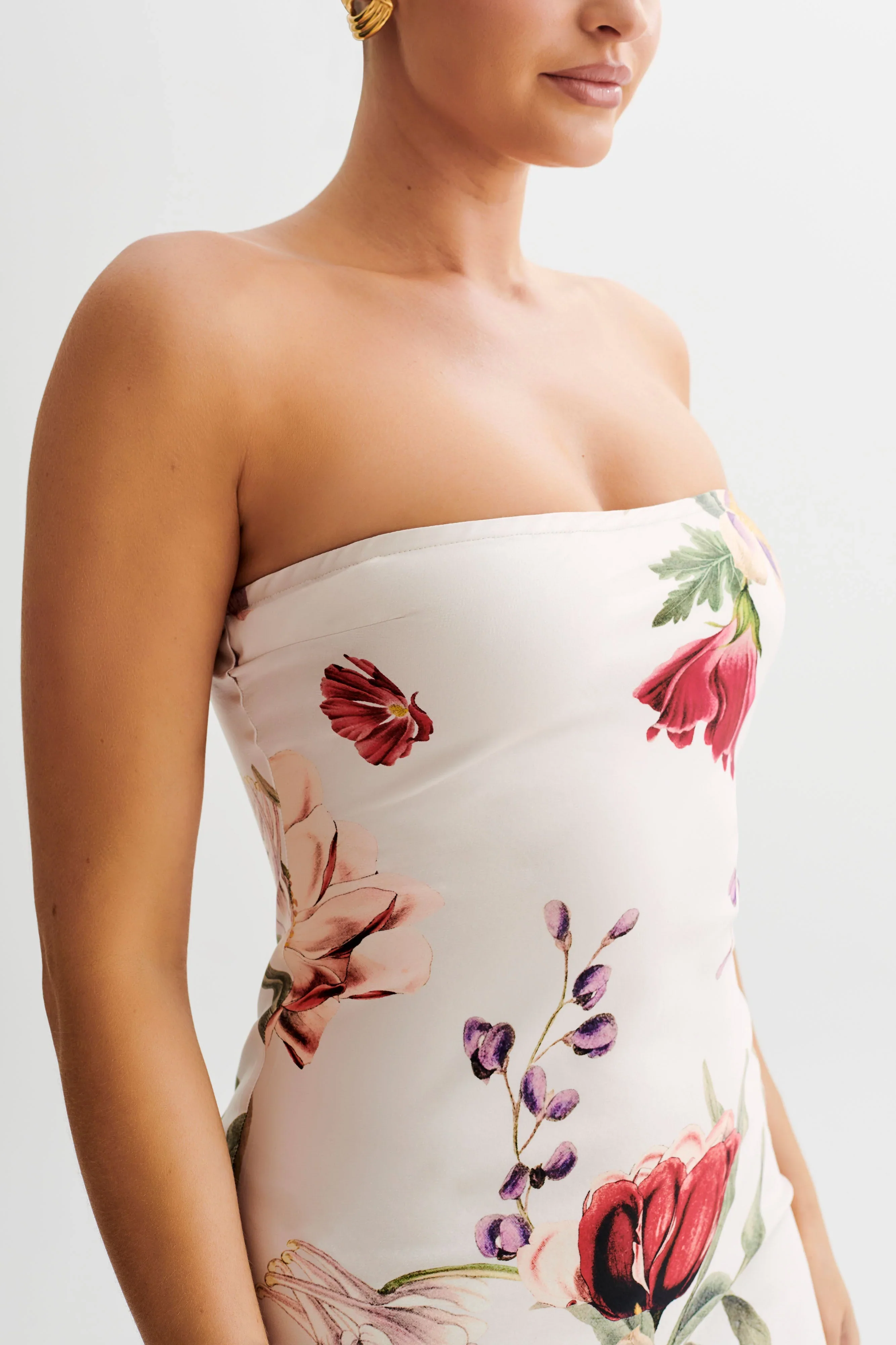 Claudette Strapless Satin Maxi Dress - Bella Rosa Print - luluinthesky