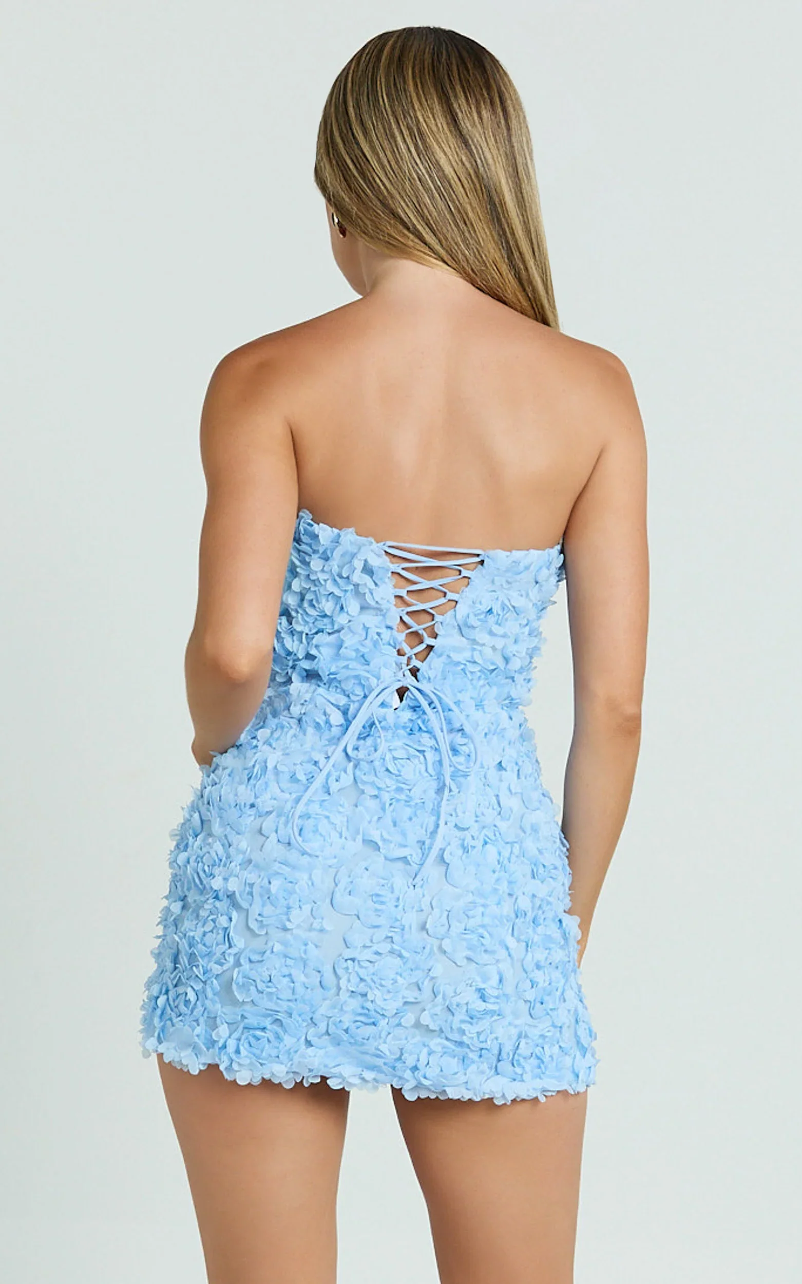 Strapless 3D Floral Lace Up Back Dress in Pale Blue - luluinthesky