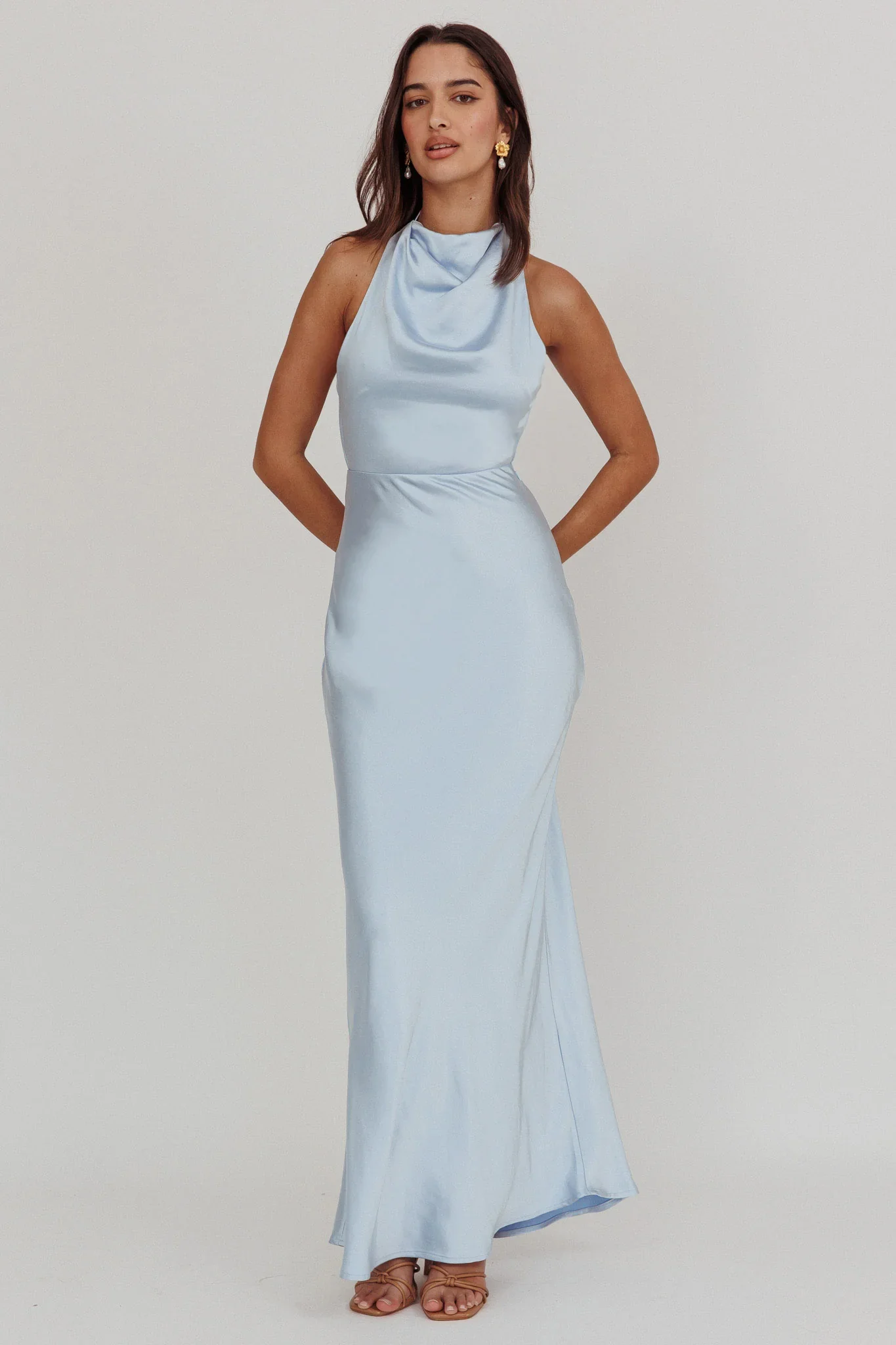 Gelato Pearl Strap Halter Maxi Dress Blue - luluinthesky
