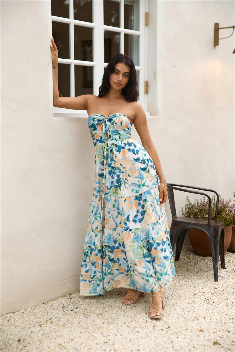 Rainforest Oasis Strapless Maxi Dress Blue - luluinthesky