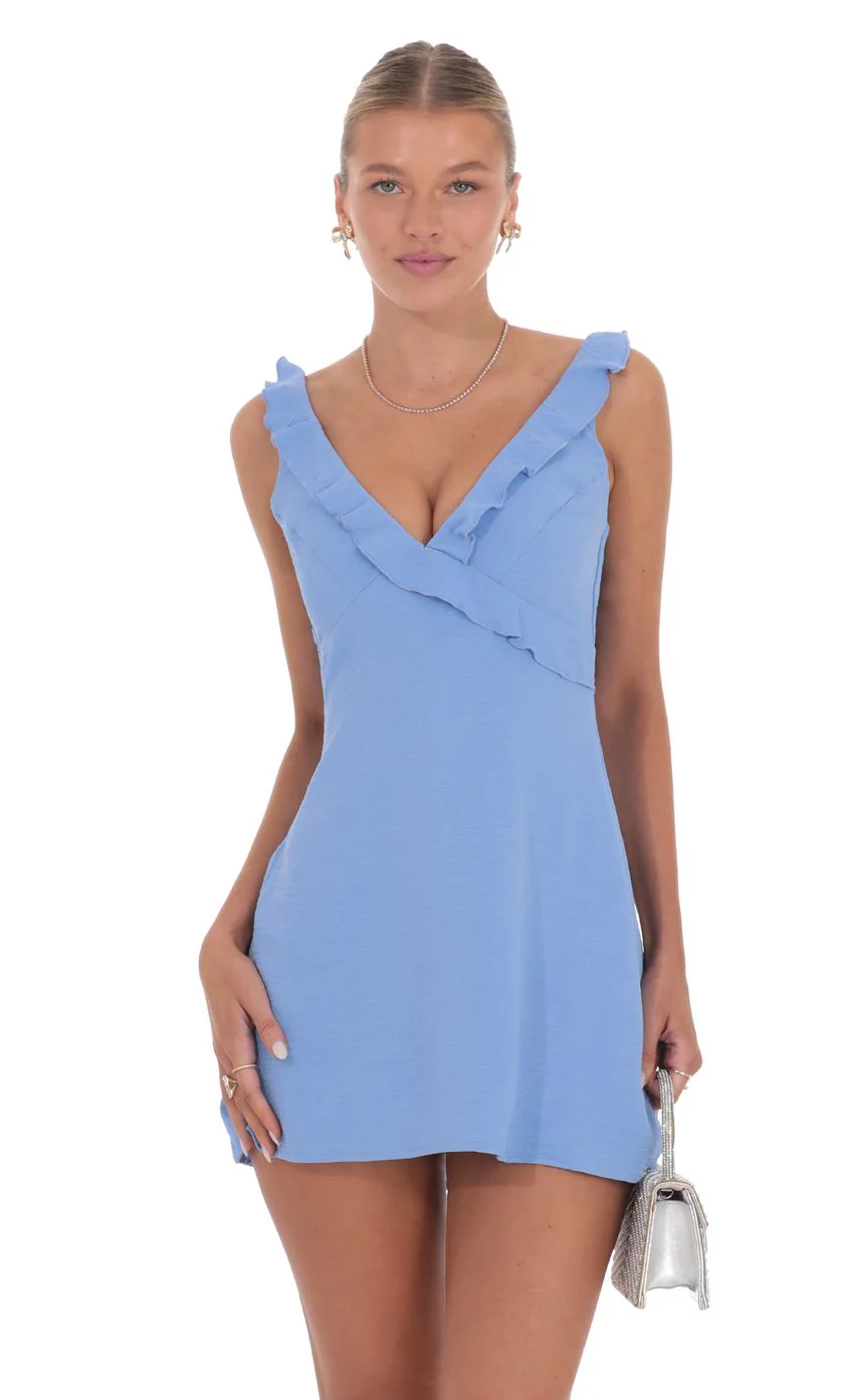 Ruffle V-Neck Dress in Light Blue - luluinthesky