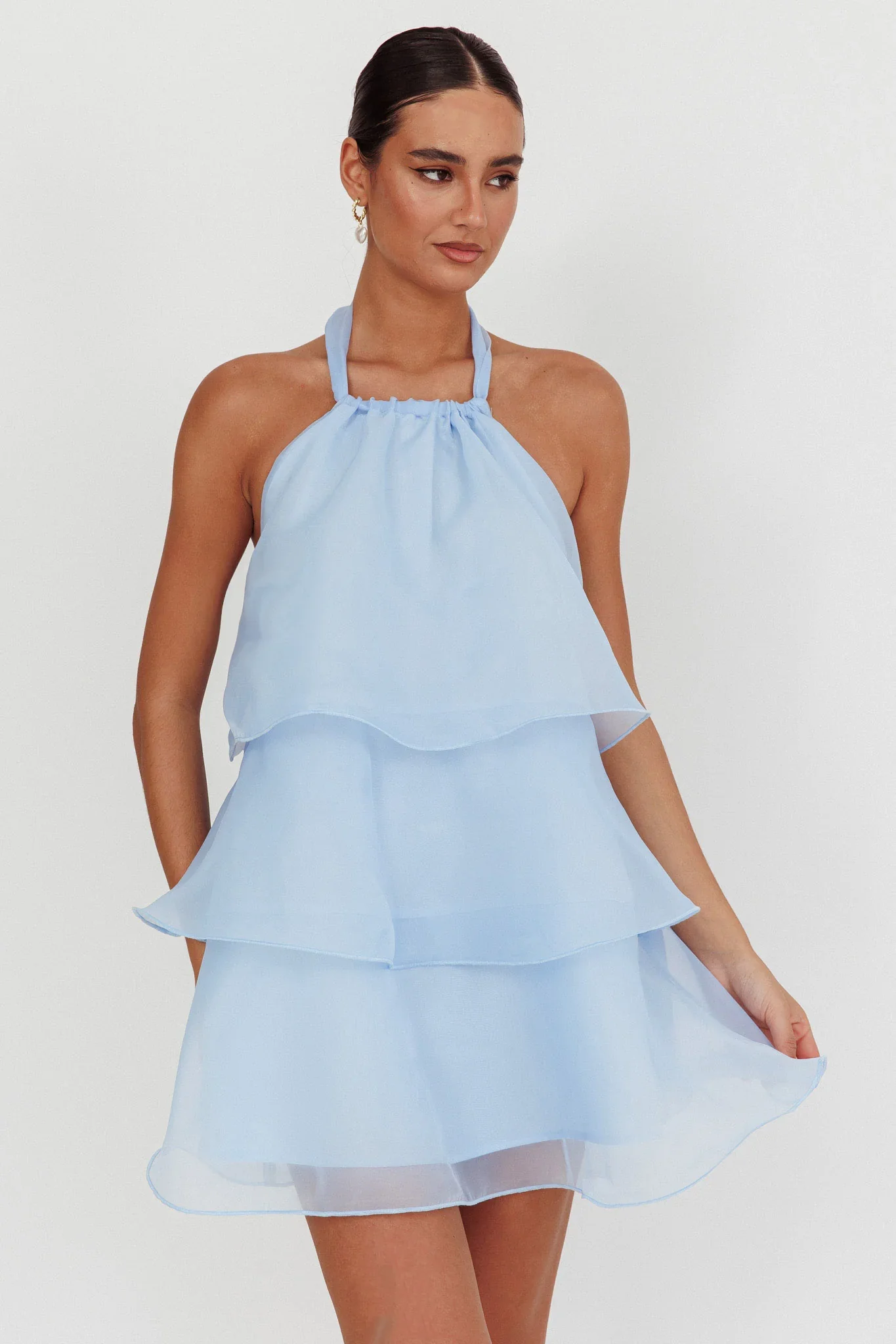 Tulips Tiered Halterneck Mini Dress Baby Blue - luluinthesky