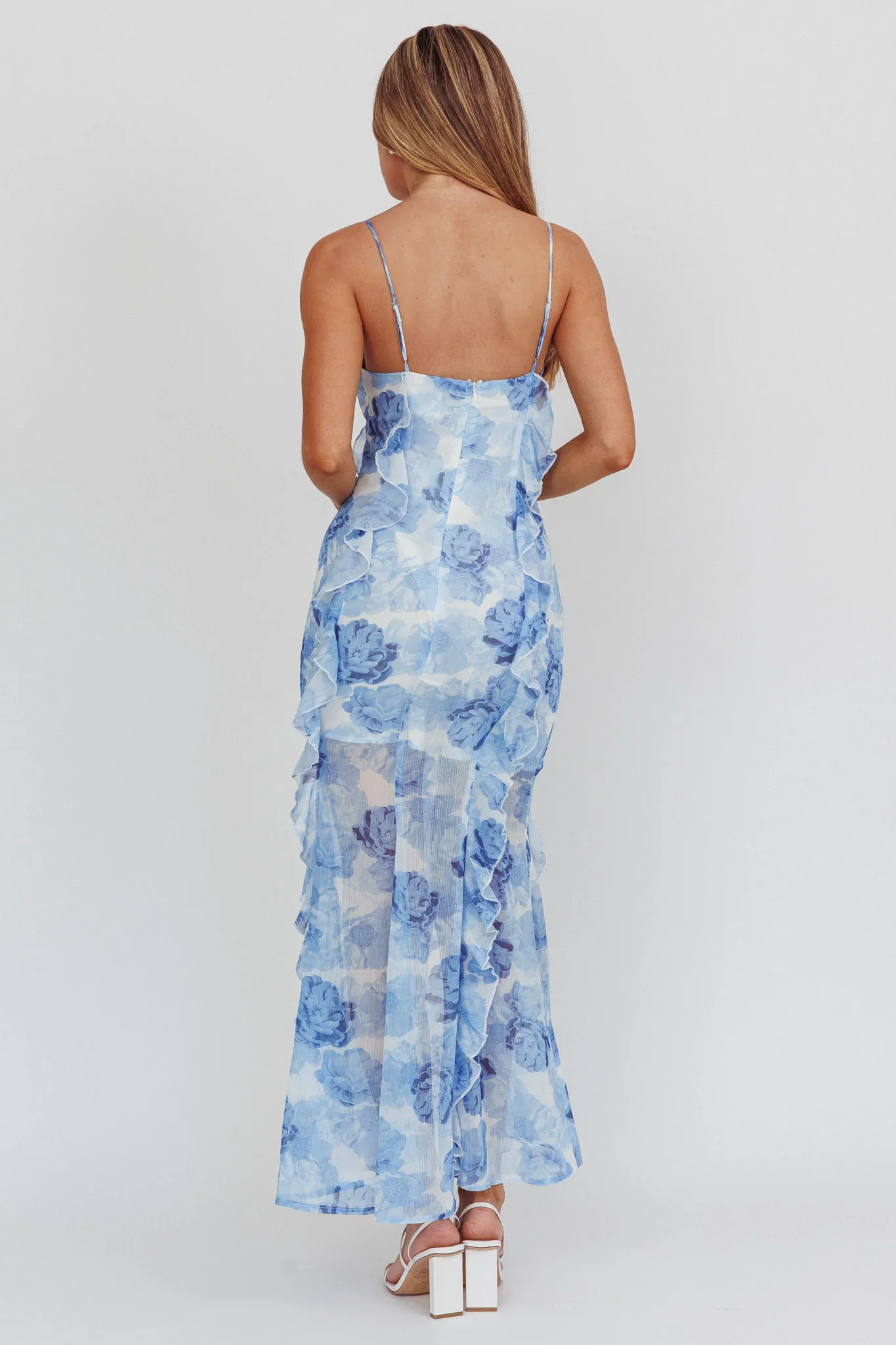 Frannie Vertical Ruffle Maxi Dress Floral Blue - luluinthesky