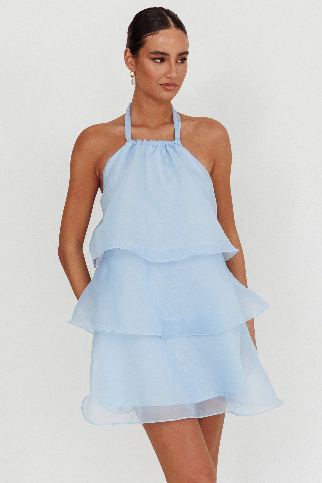 Tulips Tiered Halterneck Mini Dress Baby Blue - luluinthesky