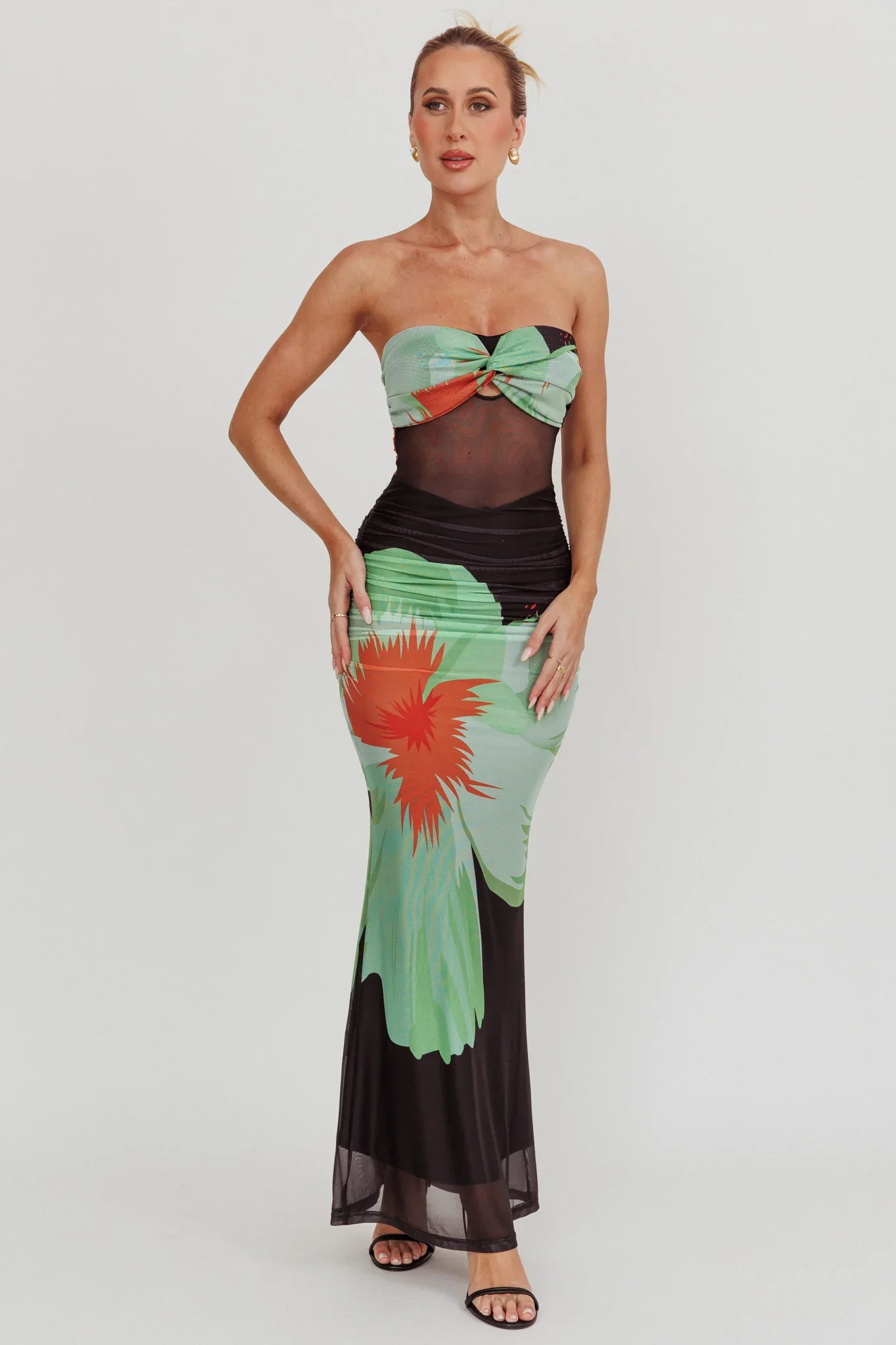 Oliana Sheer Waist Floral Maxi Dress Black - luluinthesky