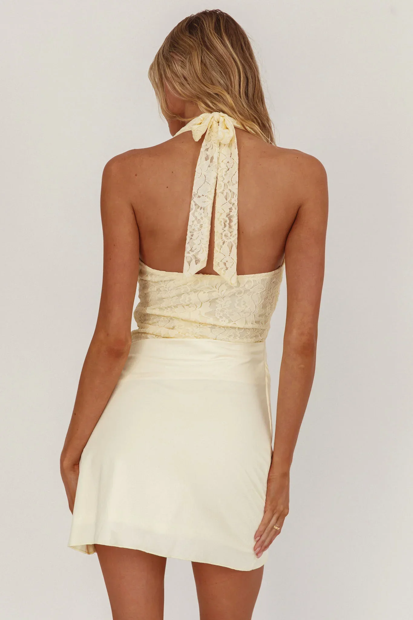 Summerland Lace Bodice Halter Mini Dress Butter - luluinthesky