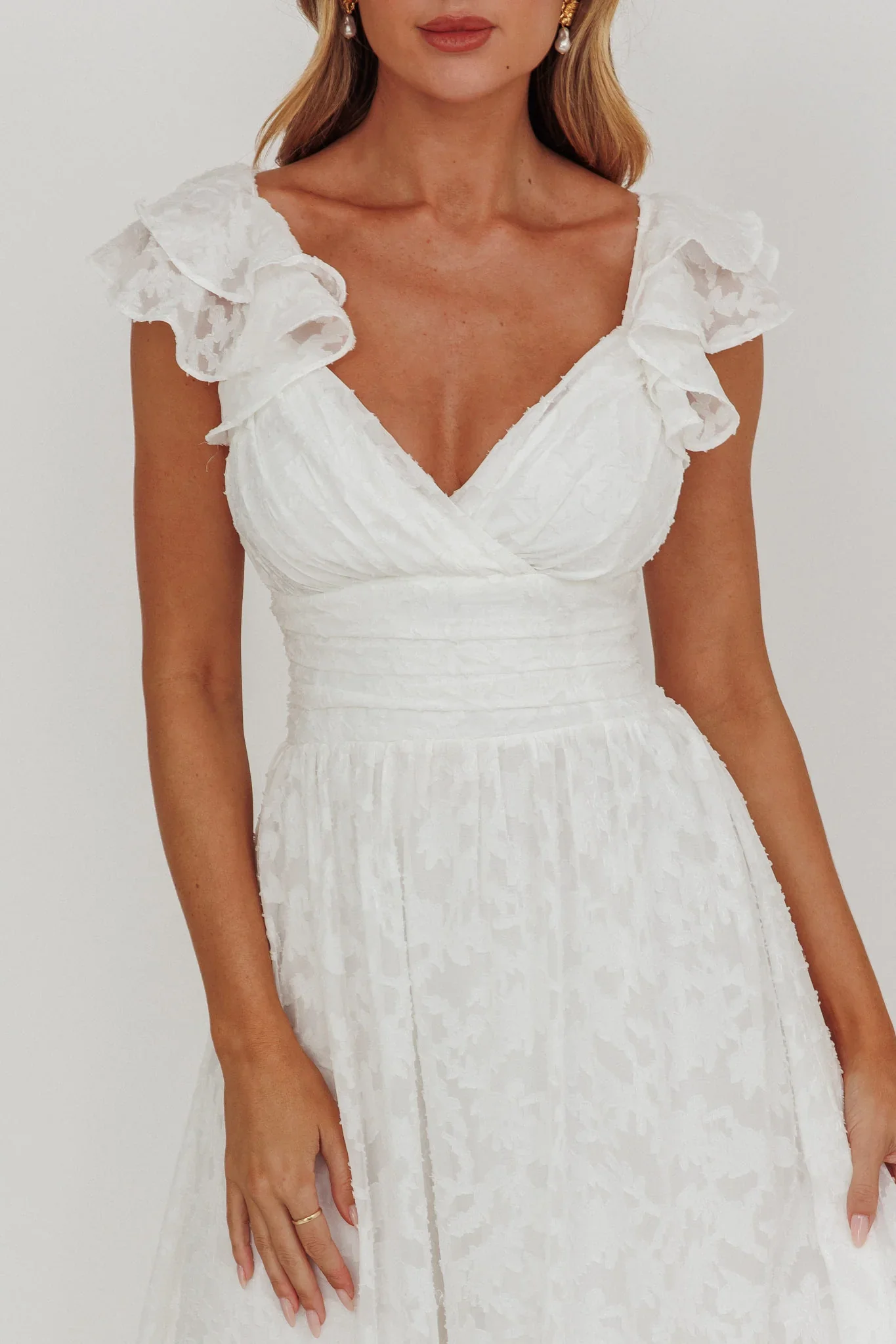 Lola Ruffle Shoulder Maxi Dress Textured White - luluinthesky