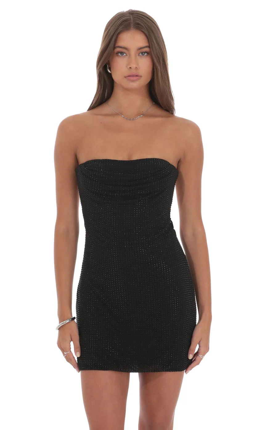 Rhinestone Strapless Dress in Black - luluinthesky