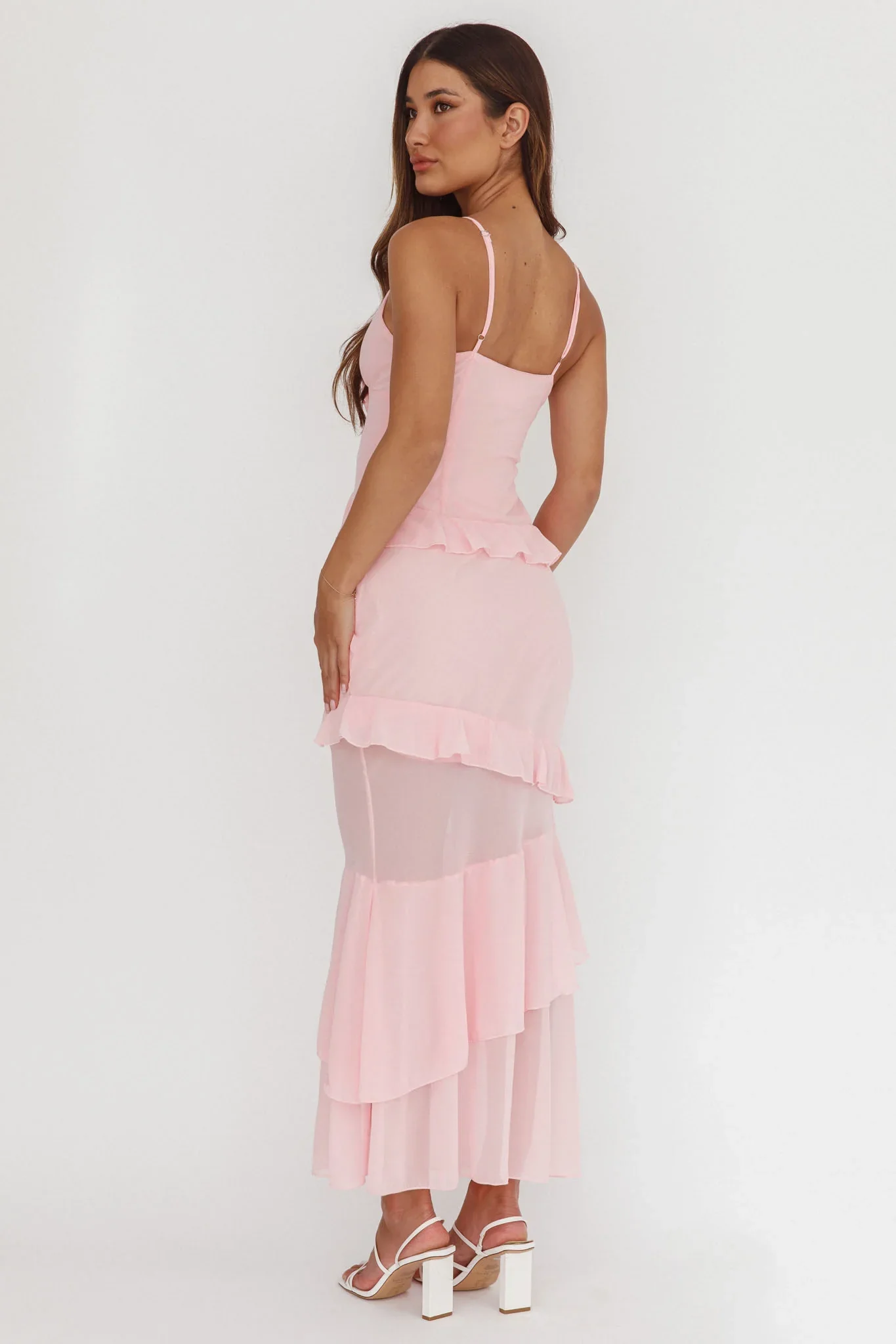 Marlie Frill Trim Rosette Maxi Dress Blush - luluinthesky