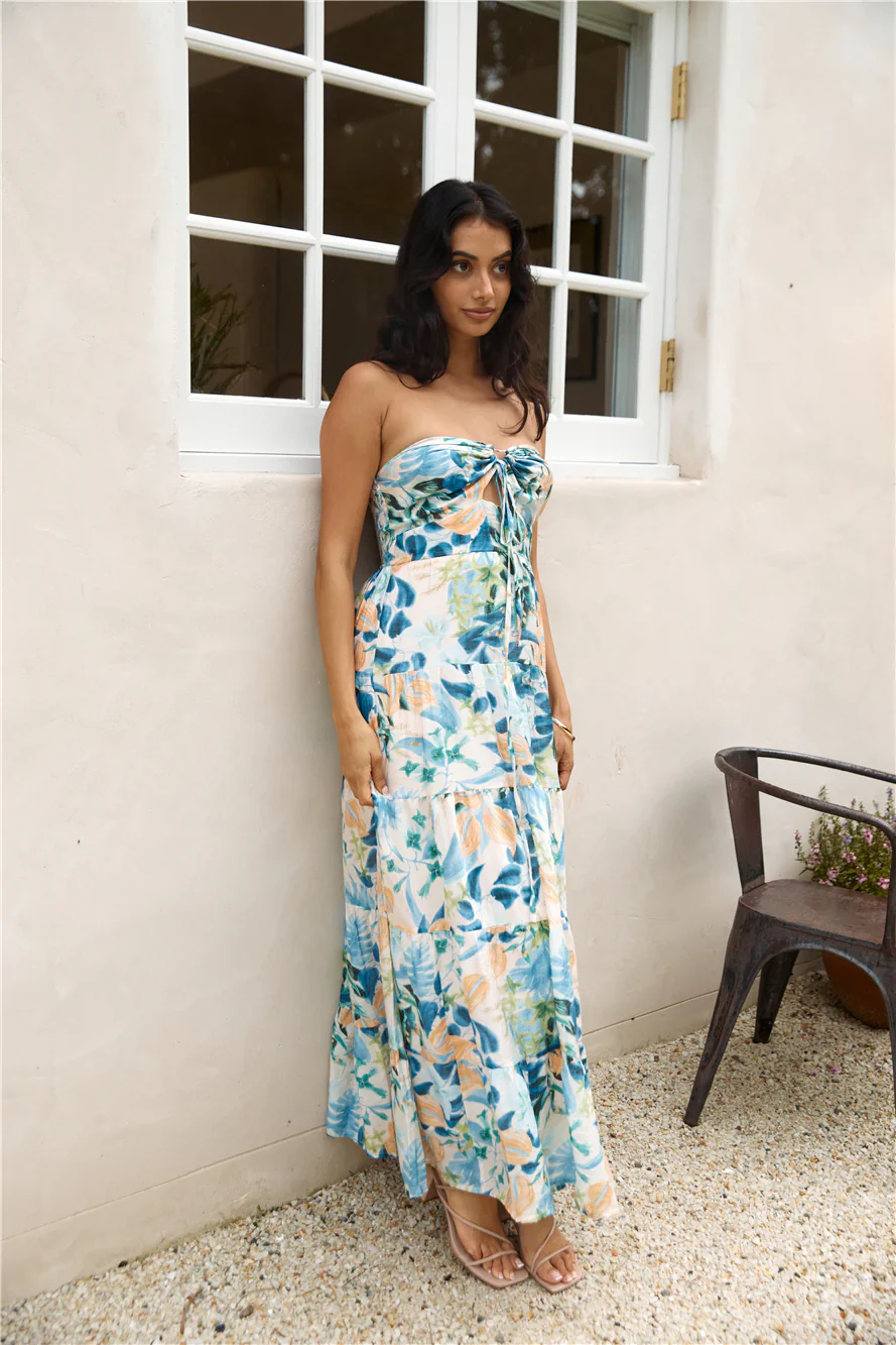 Rainforest Oasis Strapless Maxi Dress Blue - luluinthesky