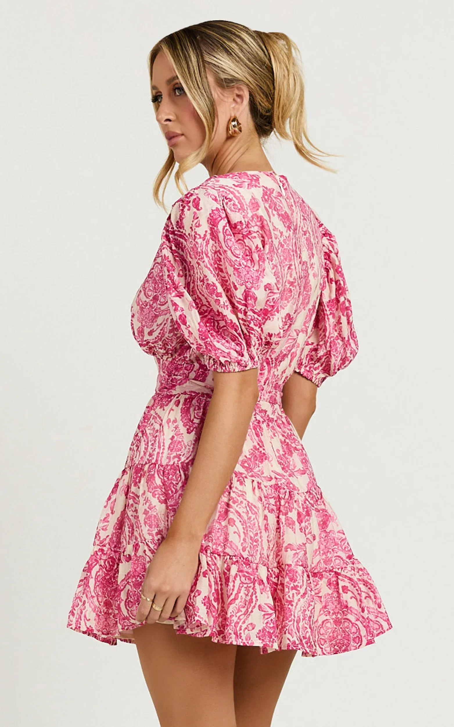 Adea Mini Dress Plunge Puff Sleeve Tiered Dress in Pink Floral - luluinthesky