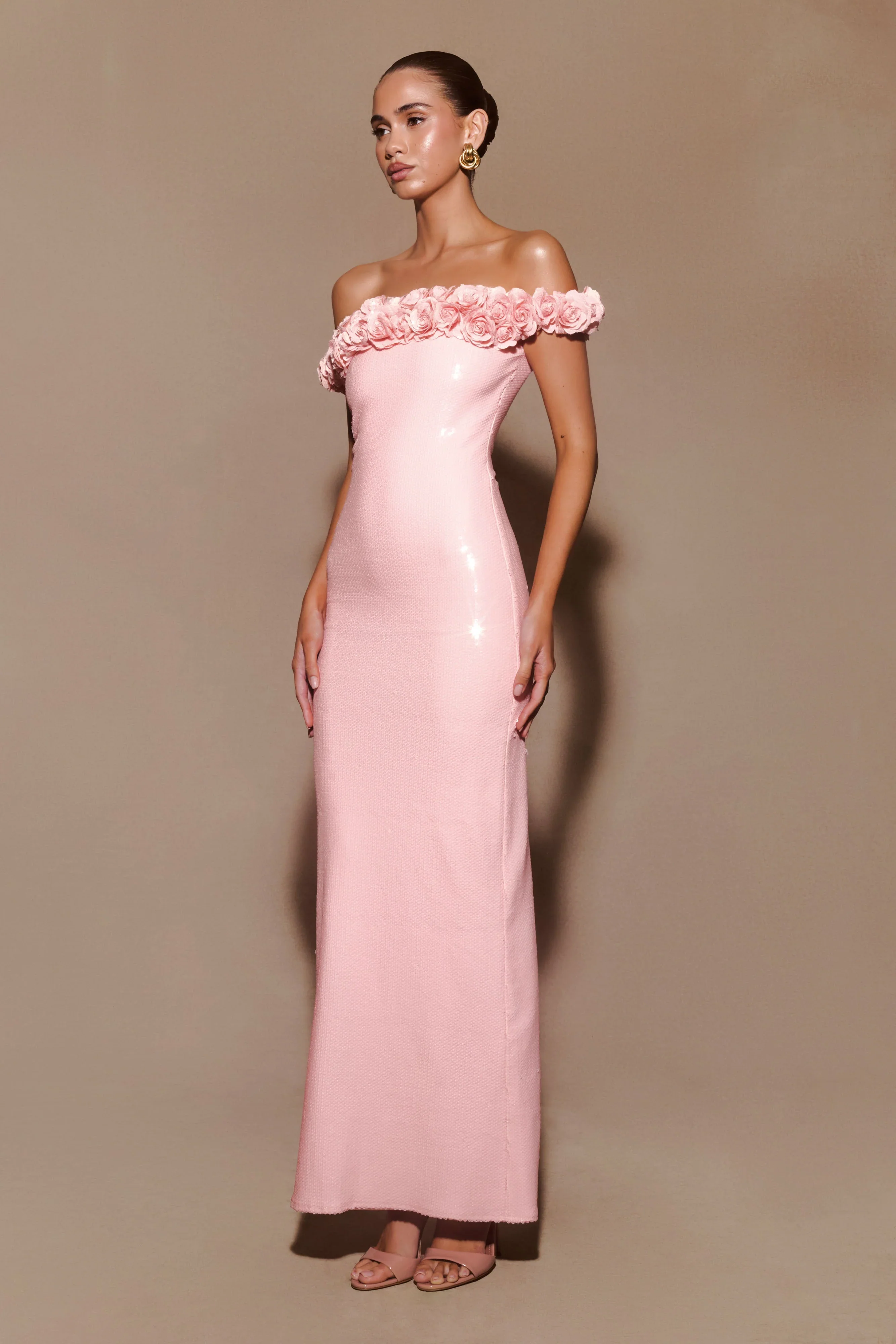 Carrie Sequin Rose Maxi Dress - Pale Pink - luluinthesky
