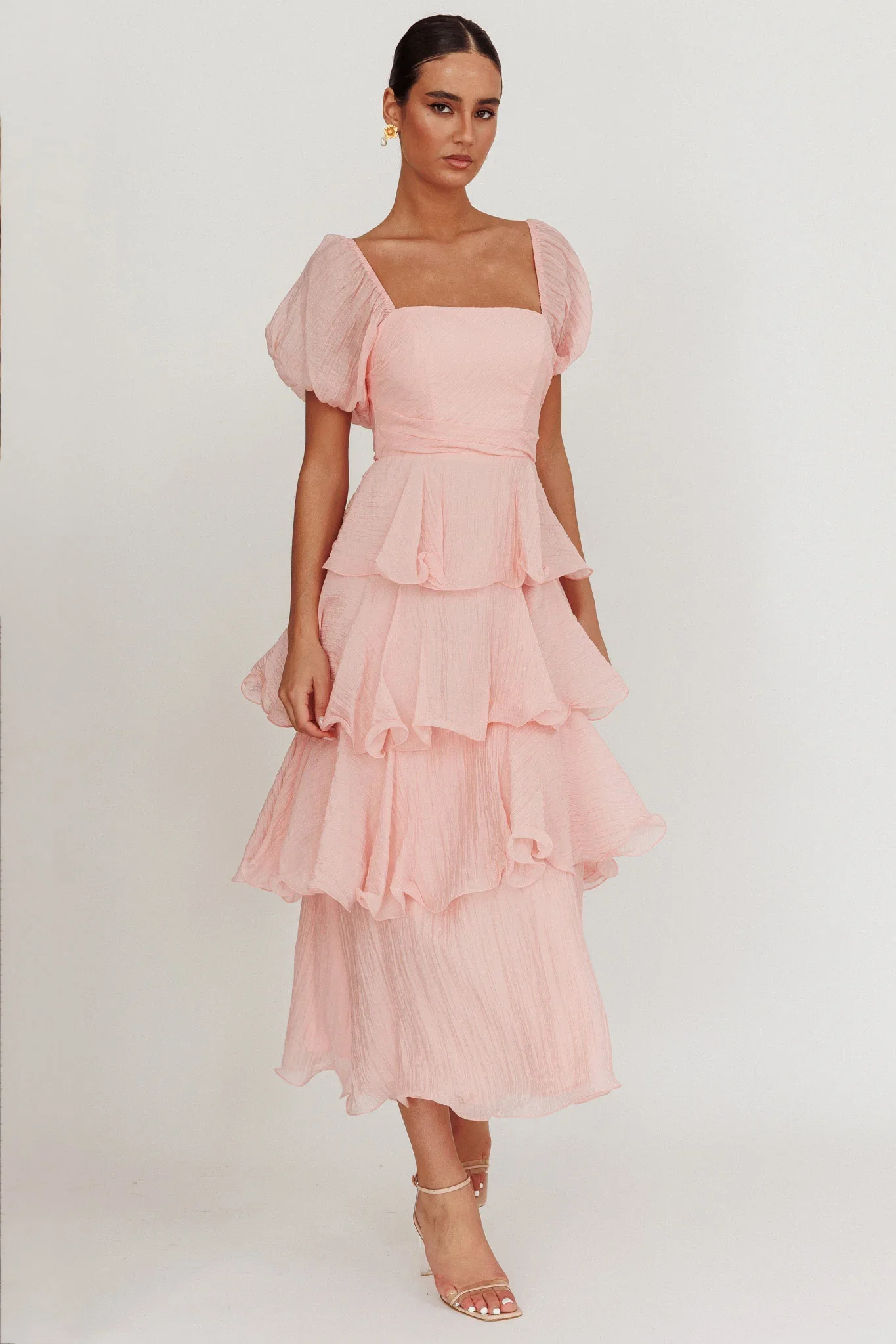 Giavana Puff Sleeve Layered Maxi Dress Baby Pink - luluinthesky