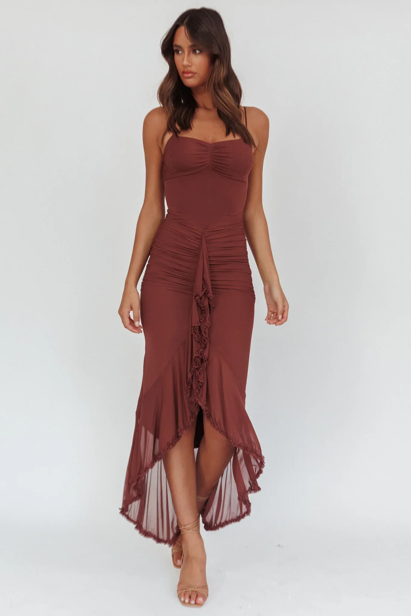 Kamilah Gathered Cascading Ruffle Midi Dress Maroon - luluinthesky