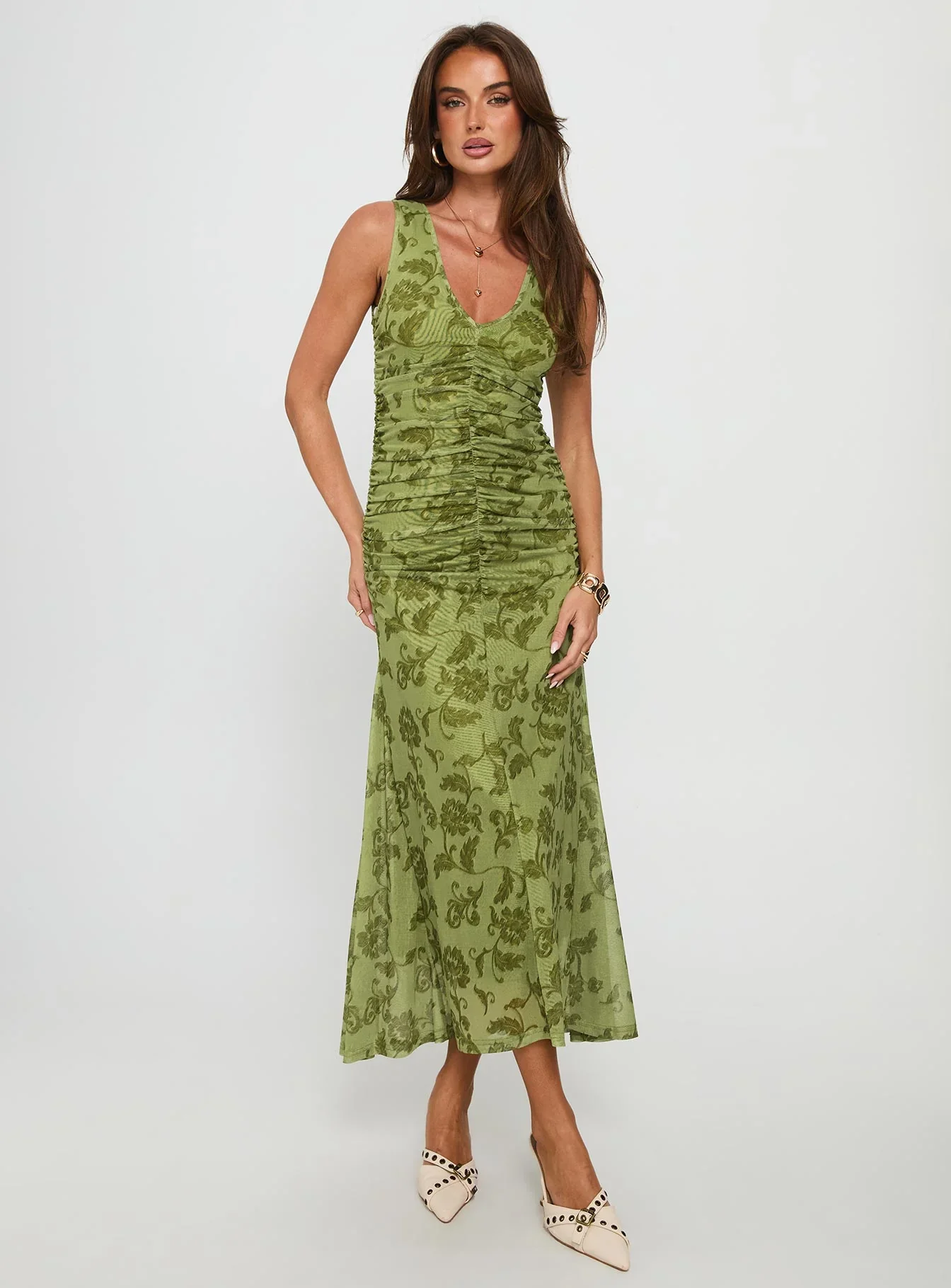 Stefanya Gathered Maxi Dress Green Floral - luluinthesky