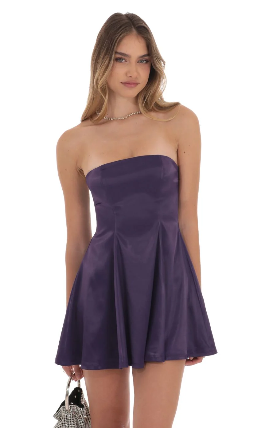 Strapless Satin Fit and Flare Dress in Purple - luluinthesky
